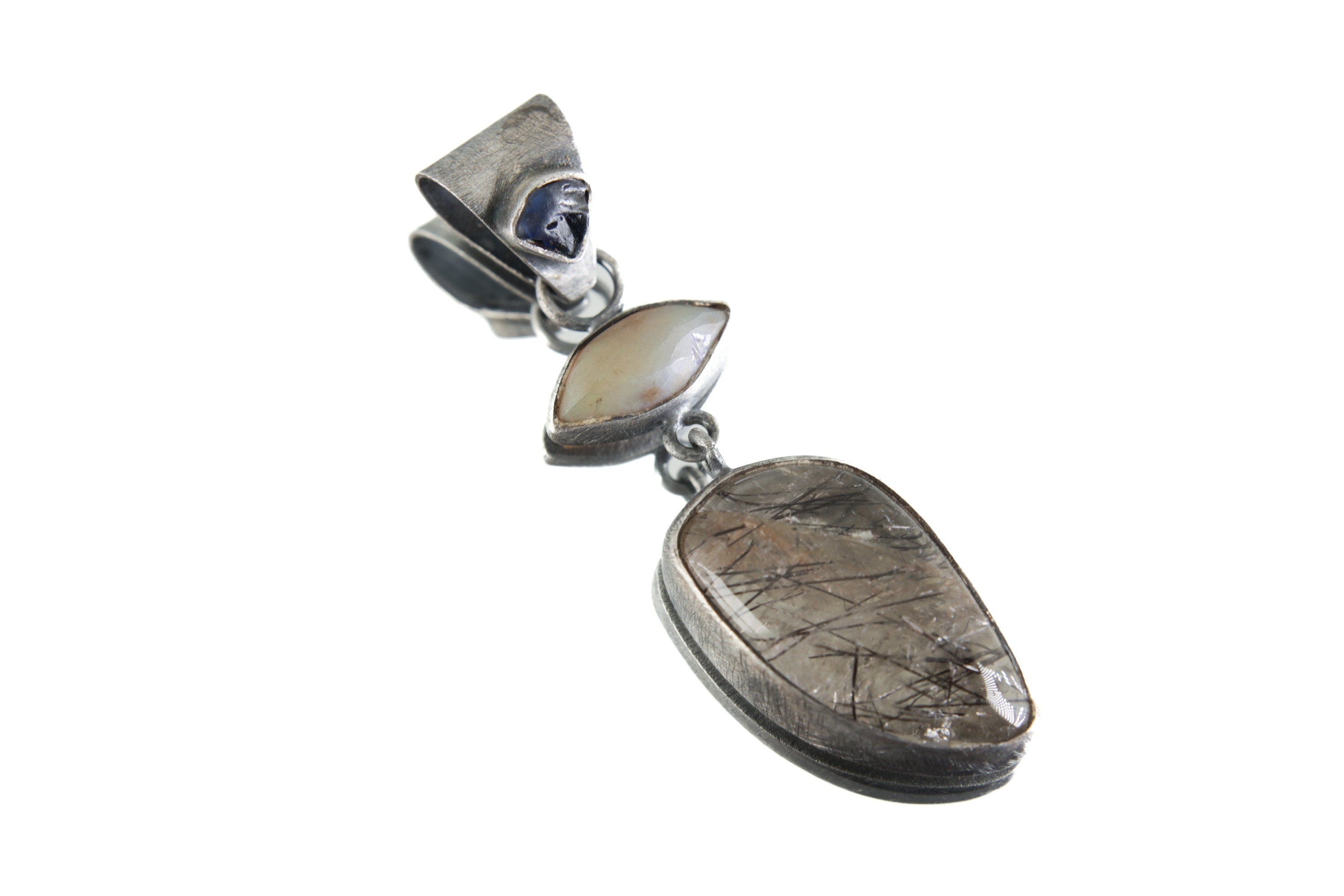 Australis Opal Radiance: Australian river-tumbled Sapphire & Black Rutile Quartz - Sterling Silver Pendant - Oxidized - Brush Textured