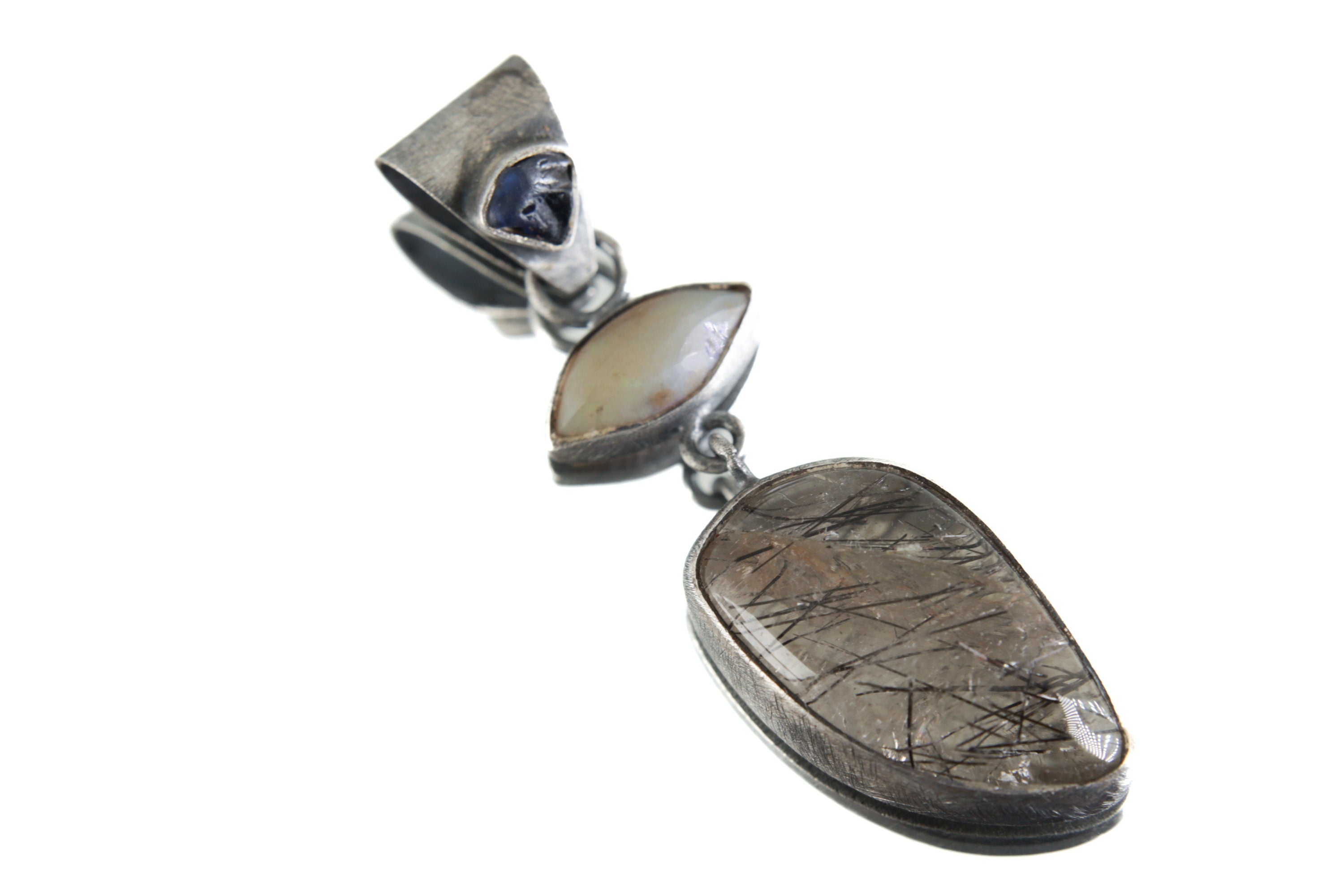 Ethiopian Opal Sapphire Black Rutile Quartz Pendant, Oxidized Sterling Silver Eye Charm, Brush Texture, Aged Look Talisman