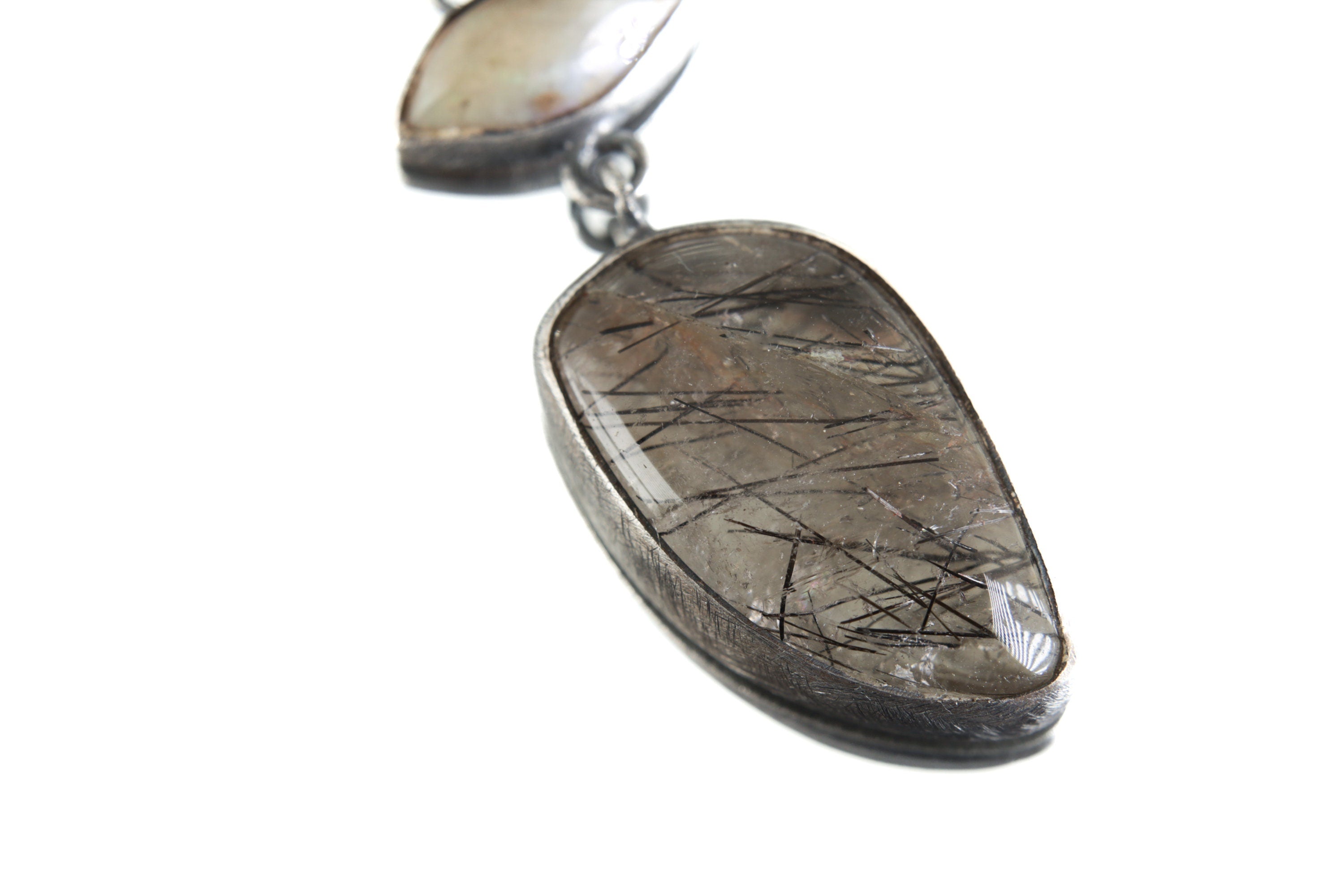 Australis Opal Radiance: Australian river-tumbled Sapphire & Black Rutile Quartz - Sterling Silver Pendant - Oxidized - Brush Textured