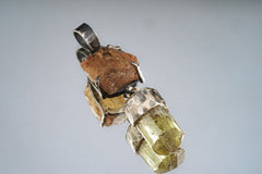Claw Set Raw Sparkling Sunstone with Dangling Terminated Yellow Apatite Pendant, 925 Sterling Silver, Oxidized & Textured, Crystal Necklace