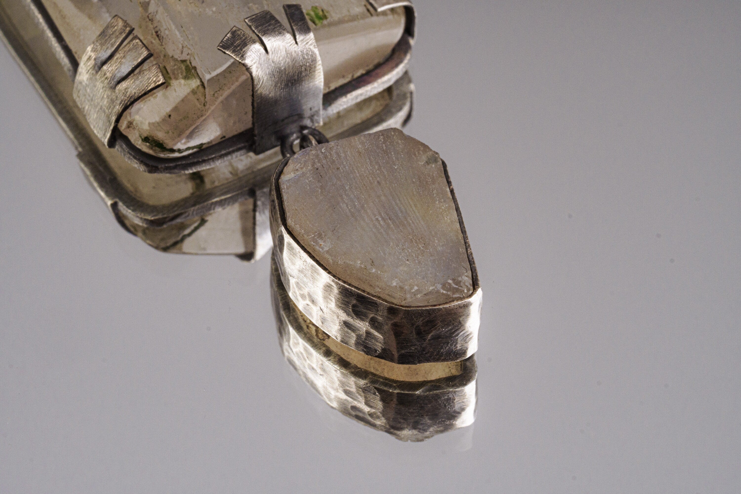 Industrial Raw Brutalist Style Pendant, Large Rainbow Inclusion Kunzite with Dangling Raw Blue Moonstone, Oxidised Hammered Sterling Silver