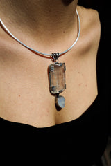 Industrial Raw Brutalist Style Pendant, Large Rainbow Inclusion Kunzite with Dangling Raw Blue Moonstone, Oxidised Hammered Sterling Silver