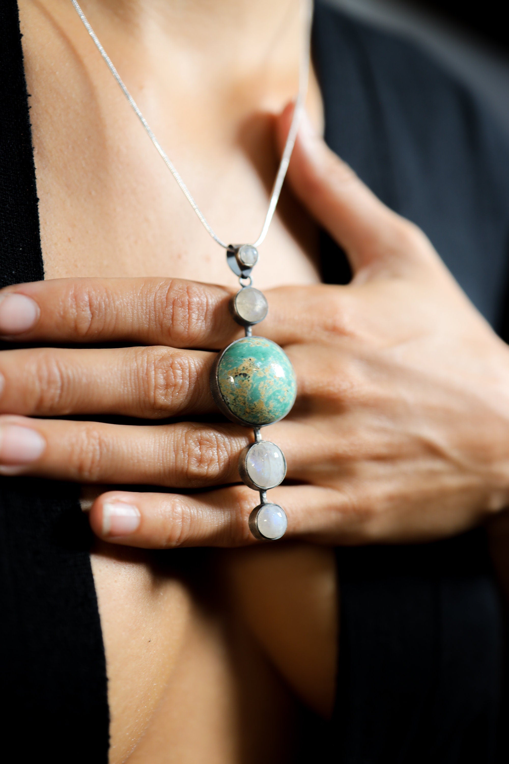 Shining Moonstone Waterfall with Turquoise - Sterling Silver Pendant - Brush Texture & Oxidized - Strength, Healing and Protection Stone