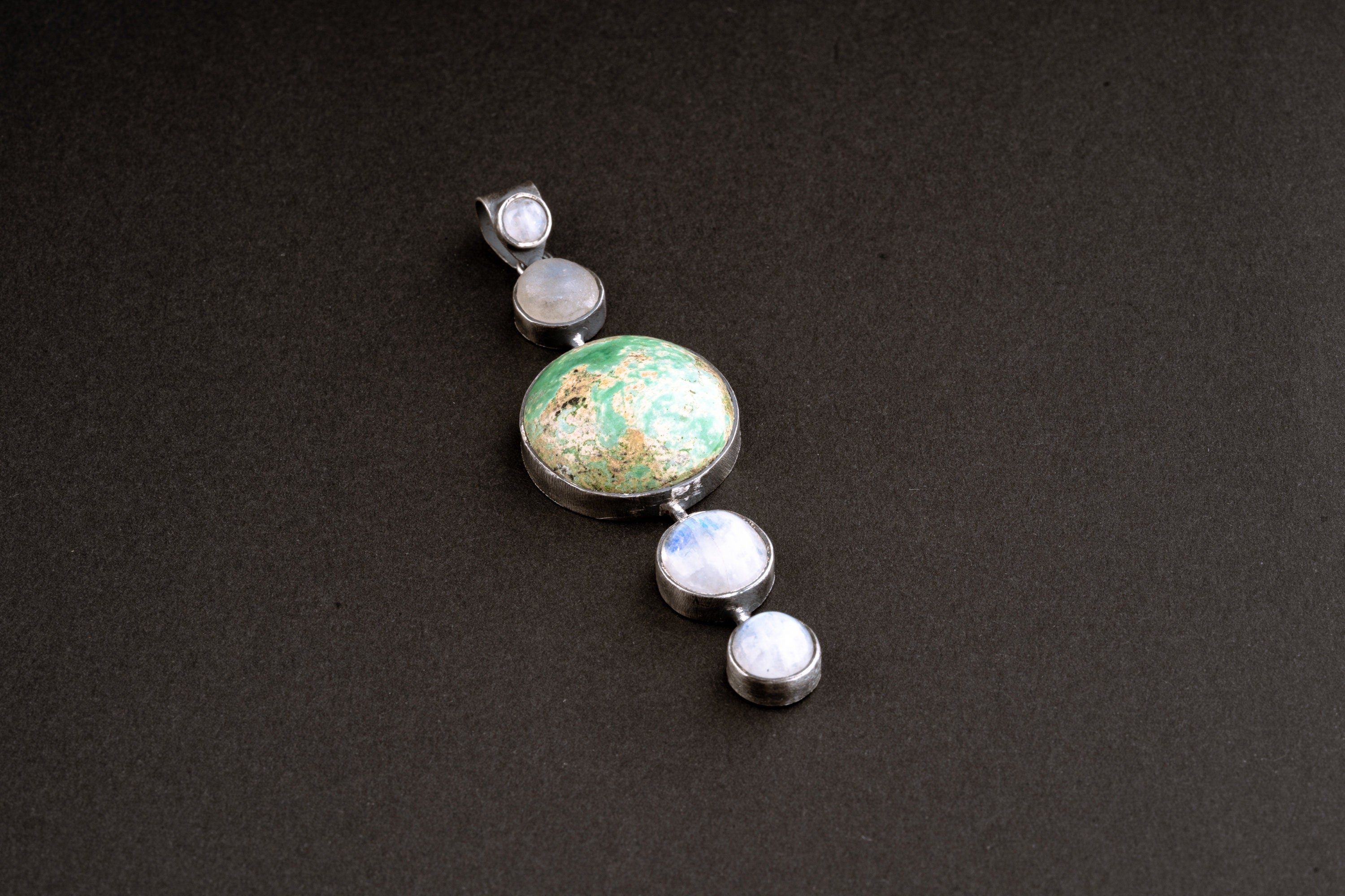 Shining Moonstone Waterfall with Turquoise - Sterling Silver Pendant - Brush Texture & Oxidized - Strength, Healing and Protection Stone