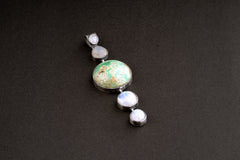 Shining Moonstone Waterfall with Turquoise - Sterling Silver Pendant - Brush Texture & Oxidized - Strength, Healing and Protection Stone