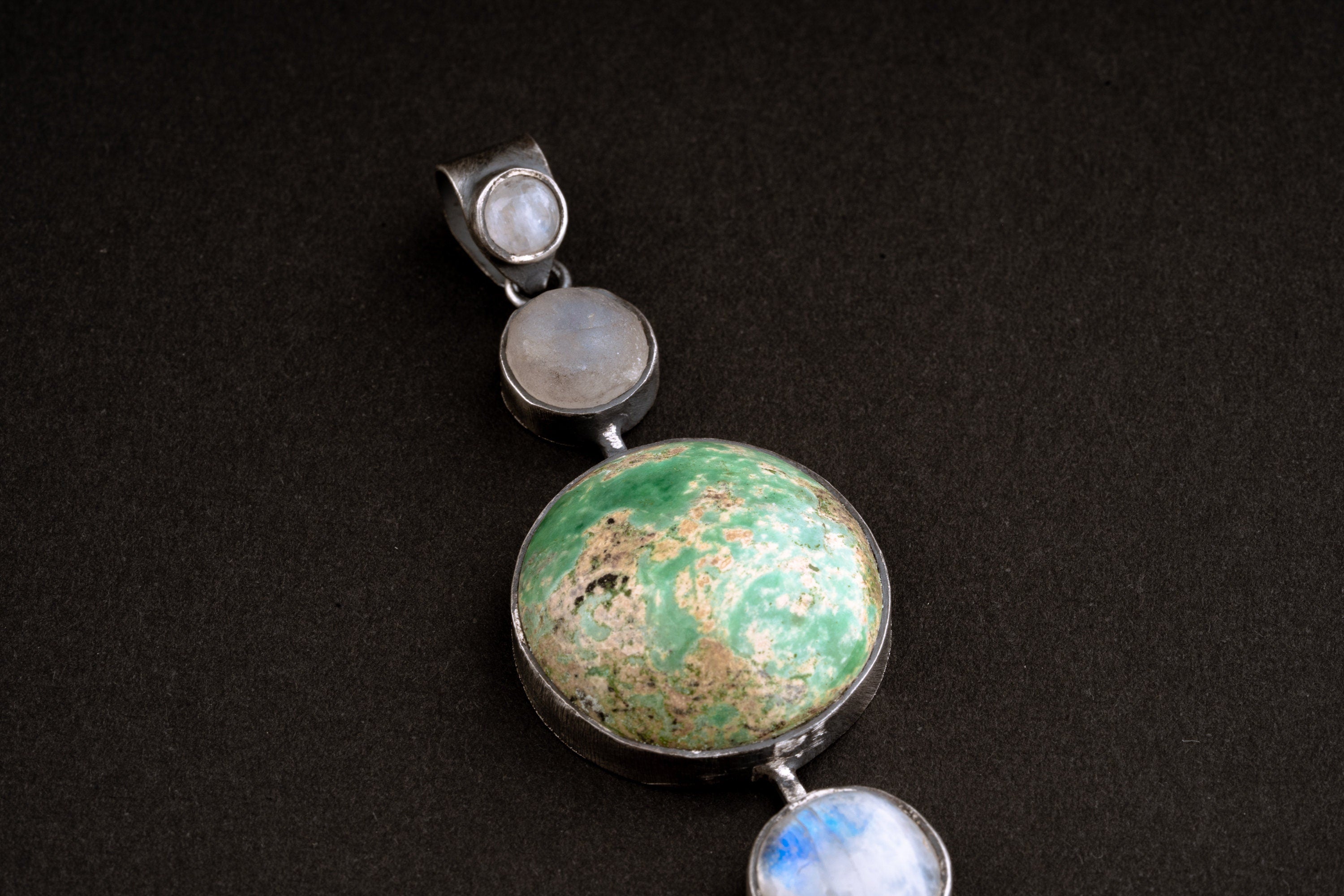 Shining Moonstone Waterfall with Turquoise - Sterling Silver Pendant - Brush Texture & Oxidized - Strength, Healing and Protection Stone