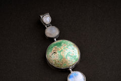 Shining Moonstone Waterfall with Turquoise - Sterling Silver Pendant - Brush Texture & Oxidized - Strength, Healing and Protection Stone