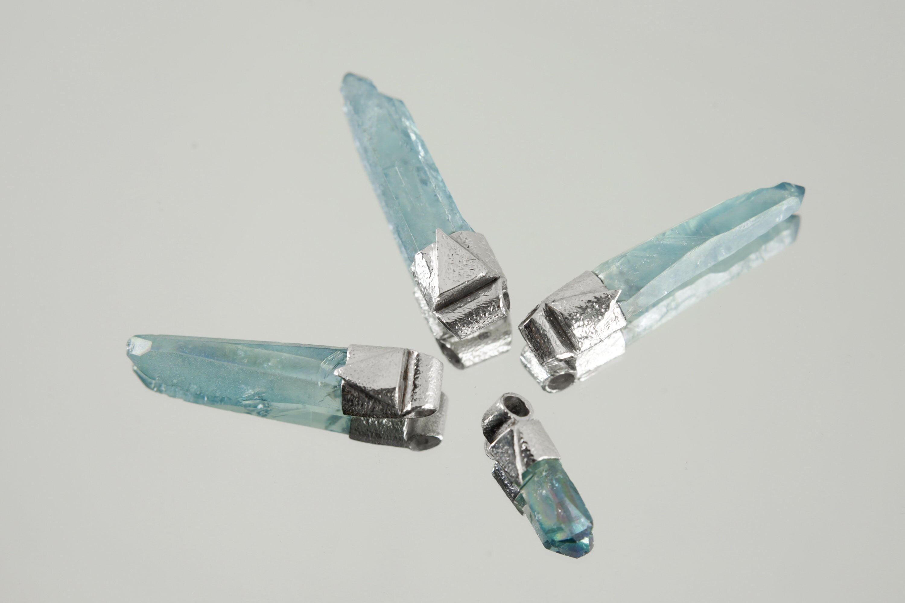 Lemurian Laser Aqua Aura Quartz Point Stack Pendant, Organic Textured 925 Sterling Silver, Throat Chakra,Aquarius Zodiac,Unique Gift - No/02