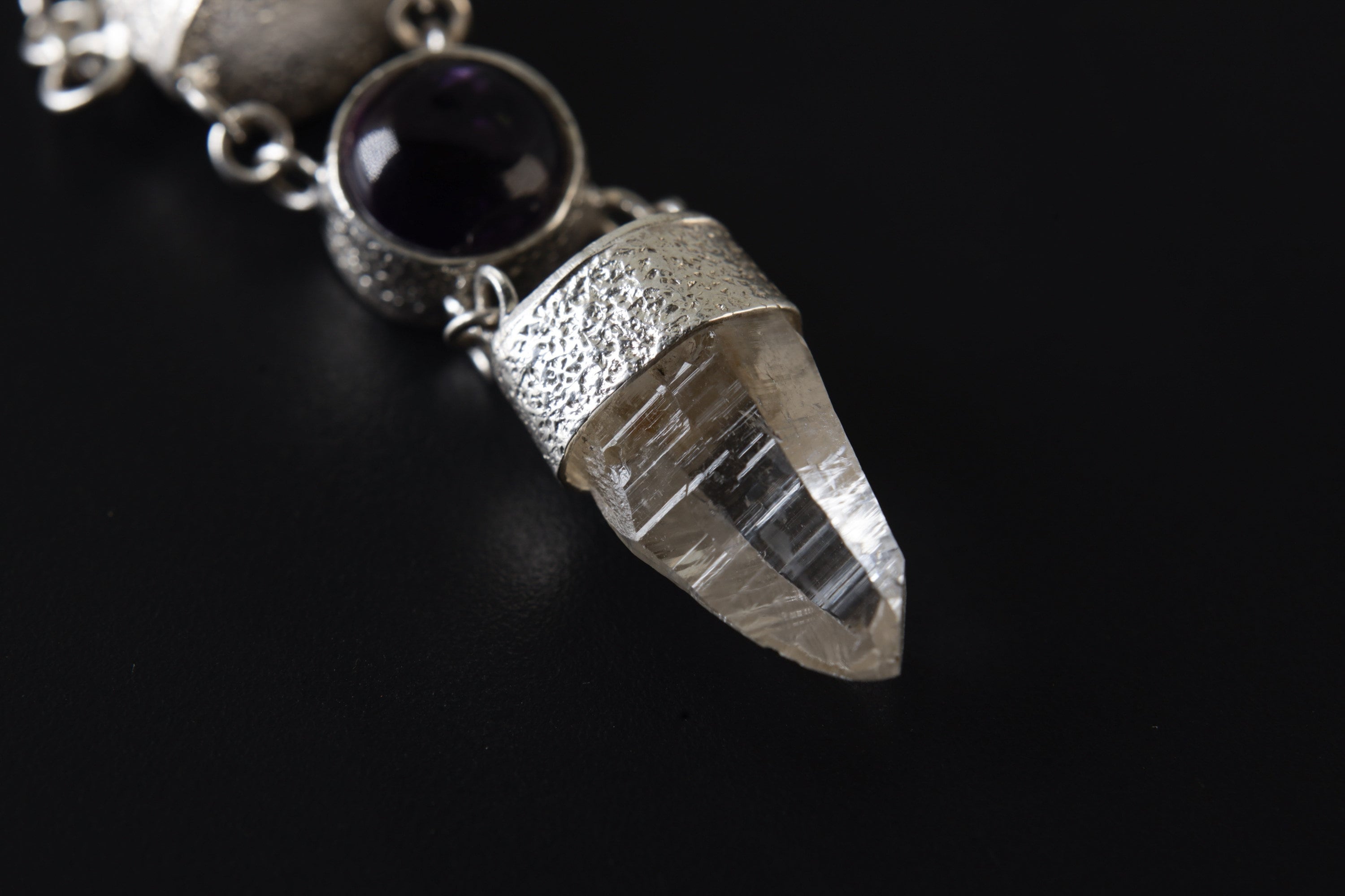 Sterling Silver Pendant, Lemurian Laser Harmony, Amethyst Center, Double Quartz Points, Dangling Chain Charm, Retro Sand Textured Finish