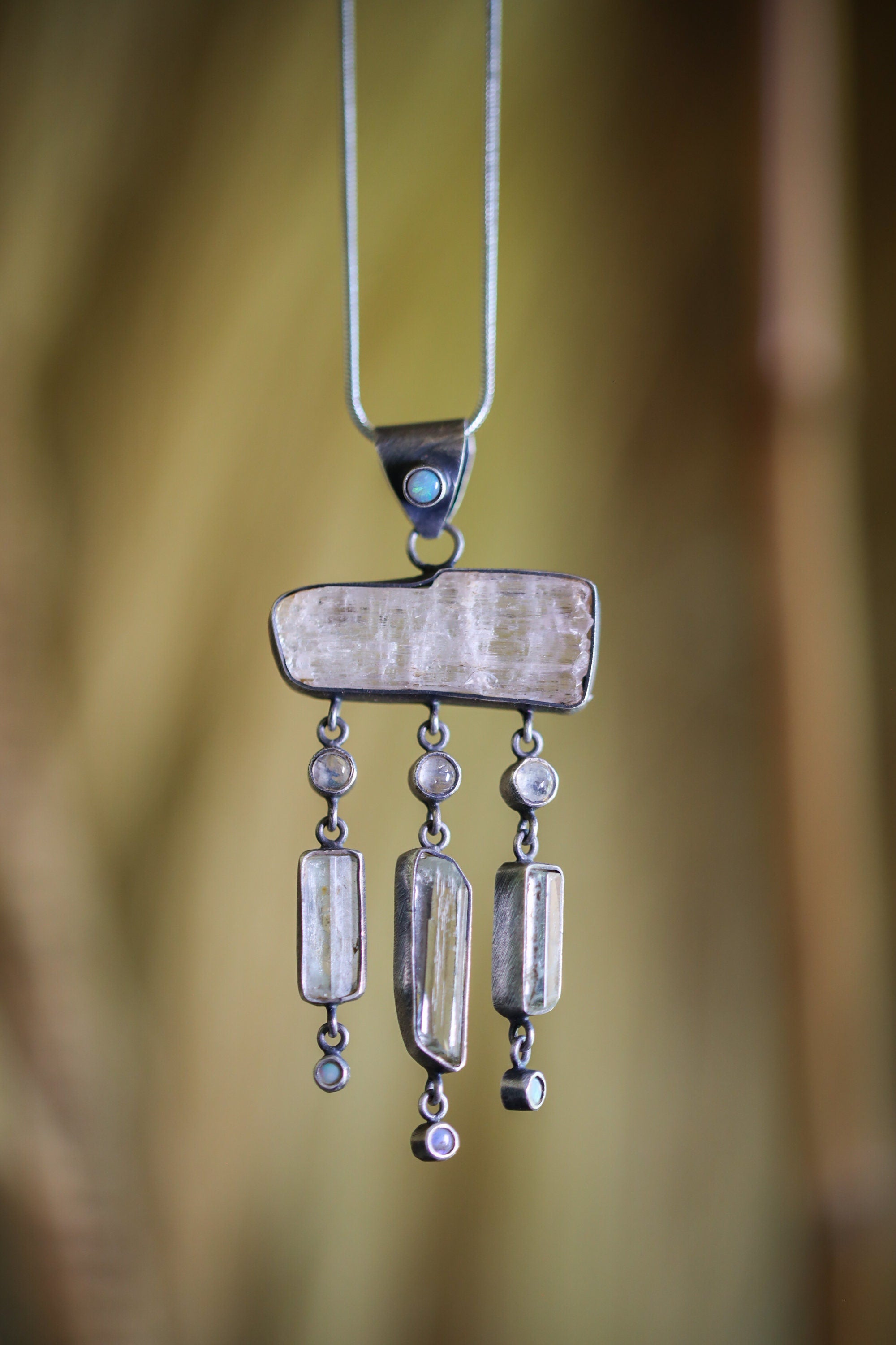 Lightening Ridge Opal, Raw Pink Kunzite, Blue Moonstone, & Light-Coloured Natural Gem Aquamarine - Silver Pendant - Oxidized - Brush Texture