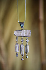 Lightening Ridge Opal, Raw Pink Kunzite, Blue Moonstone, & Light-Coloured Natural Gem Aquamarine - Silver Pendant - Oxidized - Brush Texture