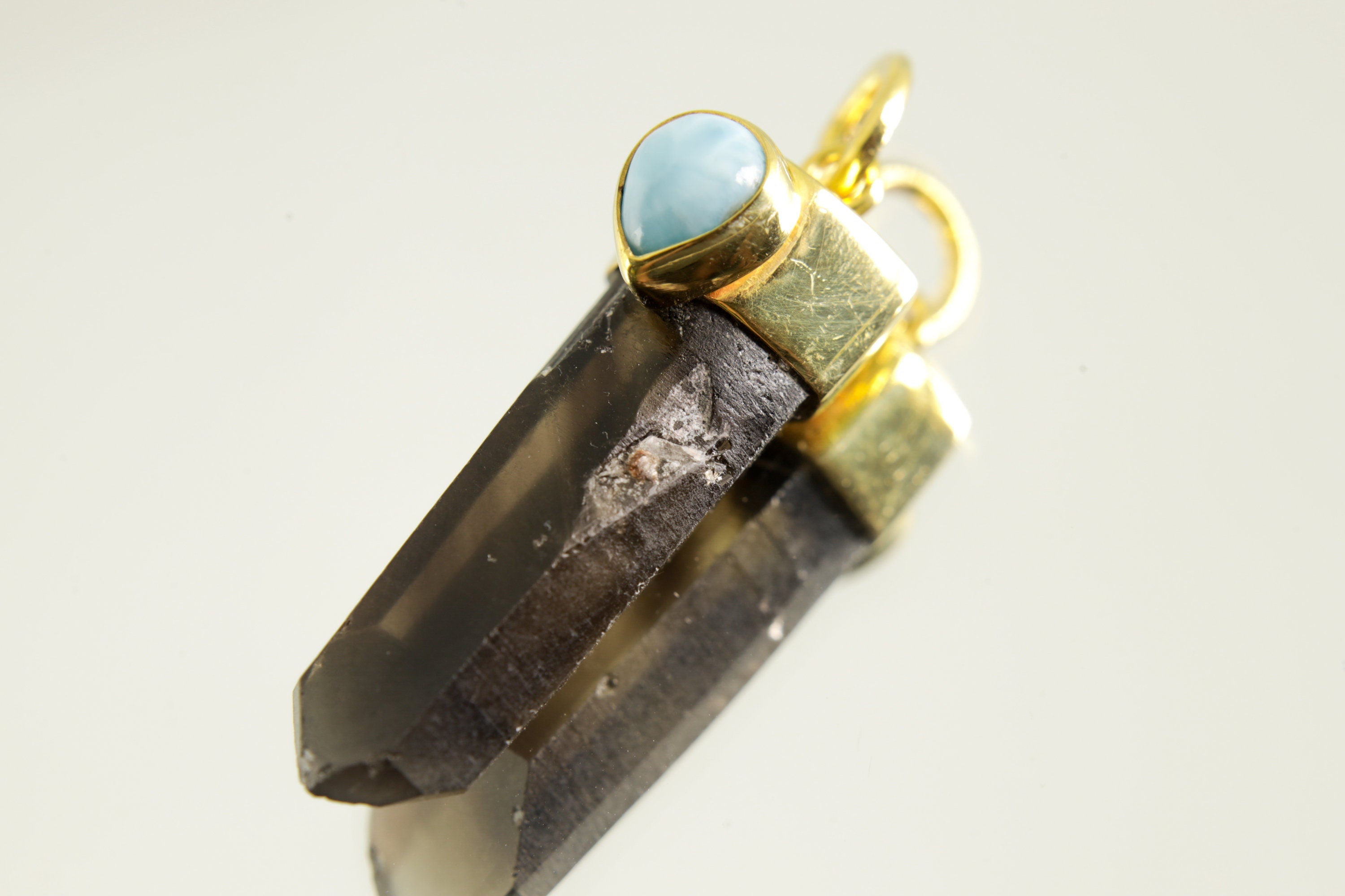Smoky Phantom Quartz Larimar Pendant Gold Plated Silver Necklace Root Throat Heart Chakra Gift