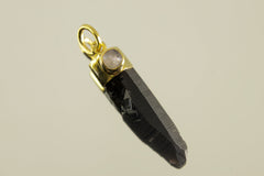 Gold-Plated Sterling Silver Pendant with Australian Smoky Phantom Quartz Point & Cat's Eye Blue Moonstone, Elegant Gemstone Jewelry