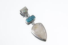 Ethiopian Opal, Chrysocolla, and Golden Rutile Quartz - Sterling Silver Pendant -Oxidized Finish & Brush Textured