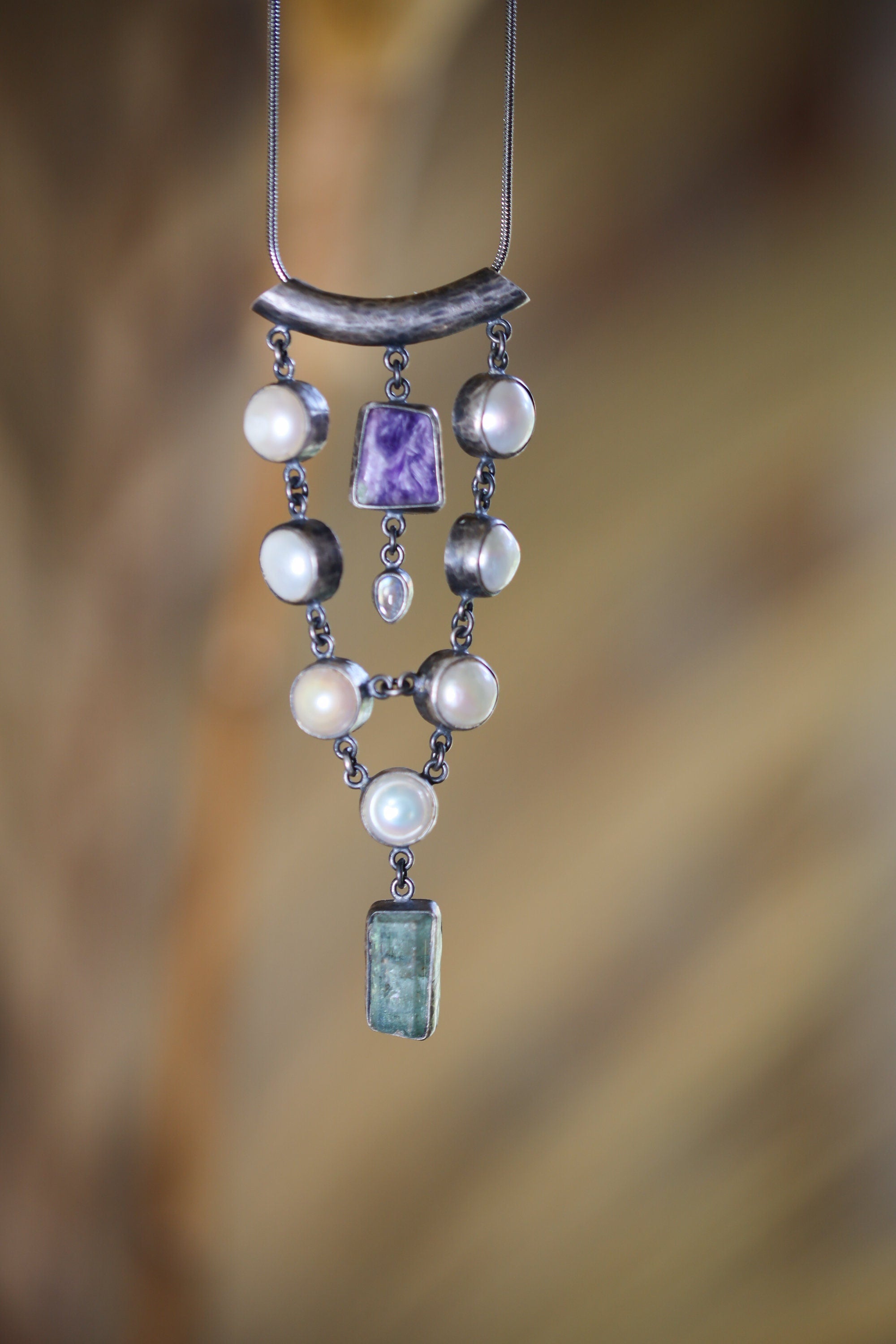 South Sea Pearls, Charoite, Teardrop Blue Moonstone, High-Grade Australian Aquamarine - Silver Pendant - Hammer Texture & Oxidize