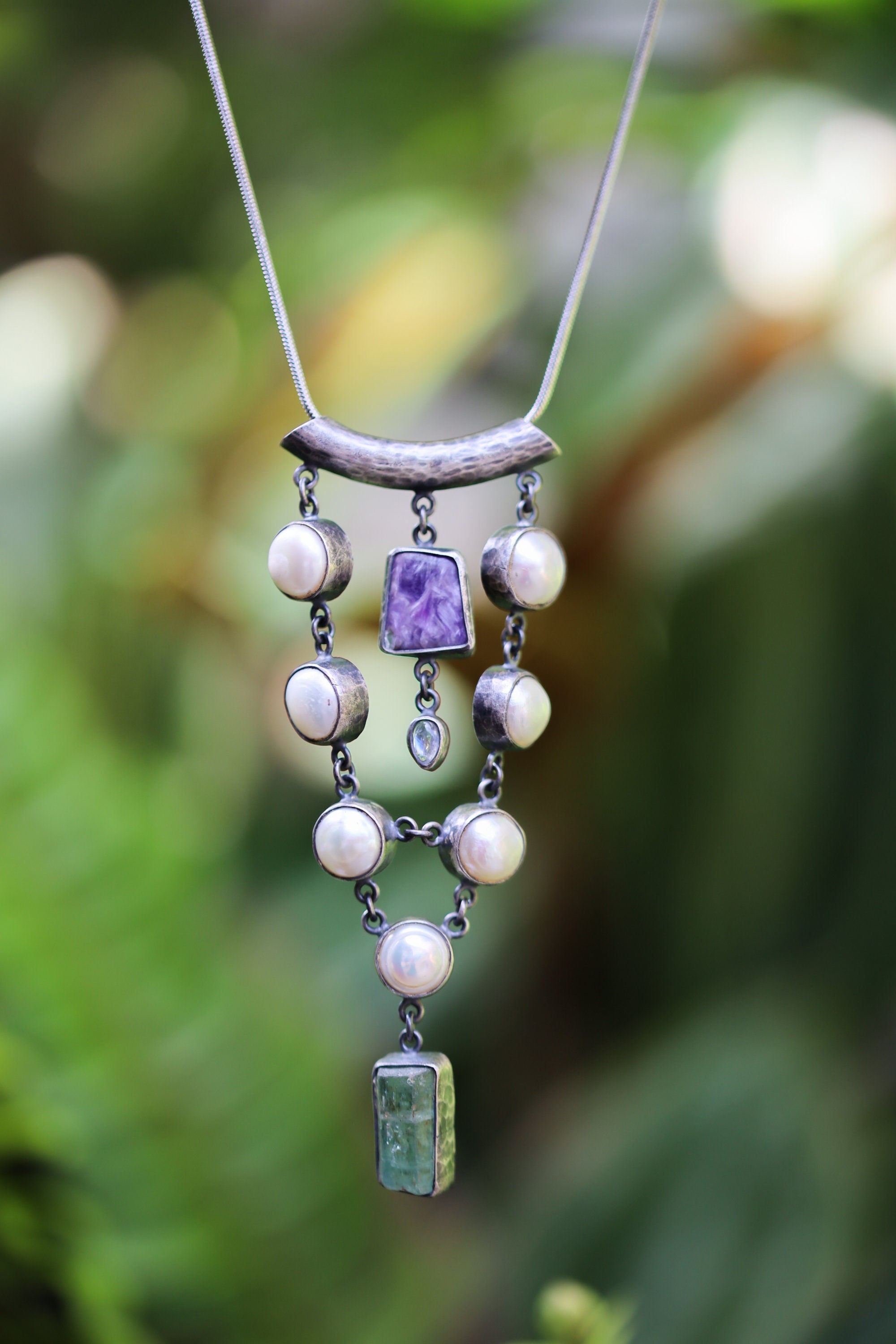 South Sea Pearls, Charoite, Teardrop Blue Moonstone, High-Grade Australian Aquamarine - Silver Pendant - Hammer Texture & Oxidize
