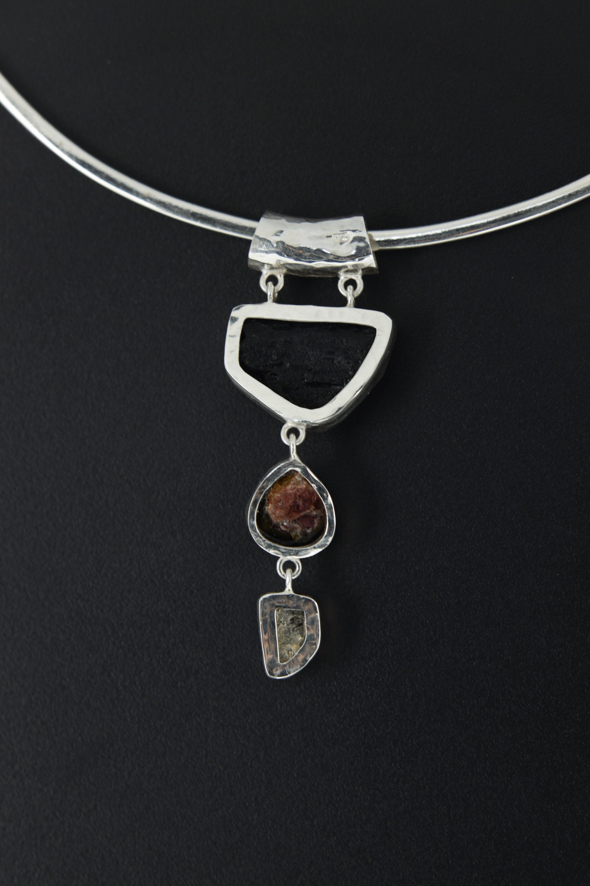 Sterling Silver Tektite Pendant: Watermelon Tourmaline & Pyrite