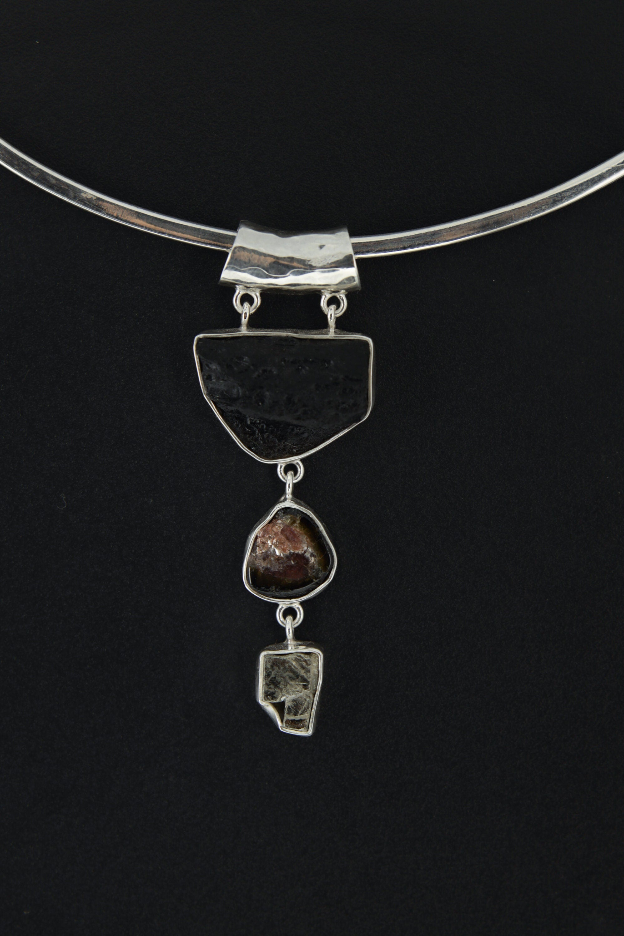 Sterling Silver Tektite Pendant: Watermelon Tourmaline & Pyrite