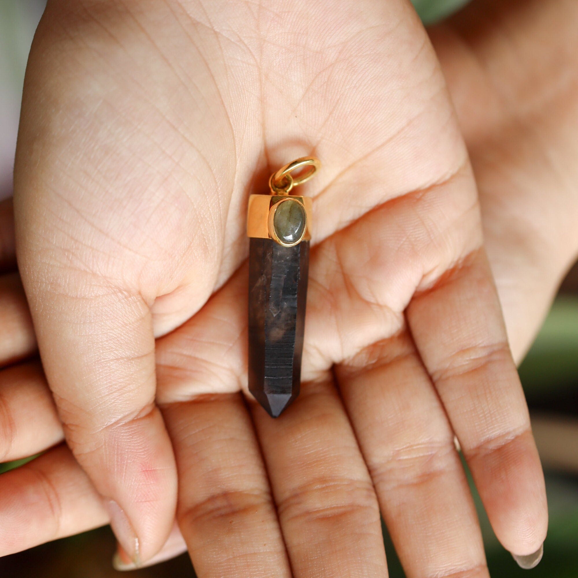 Gold-Plated Sterling Silver Pendant: Australian Smoky Phantom Quartz & Rainbow Labradorite