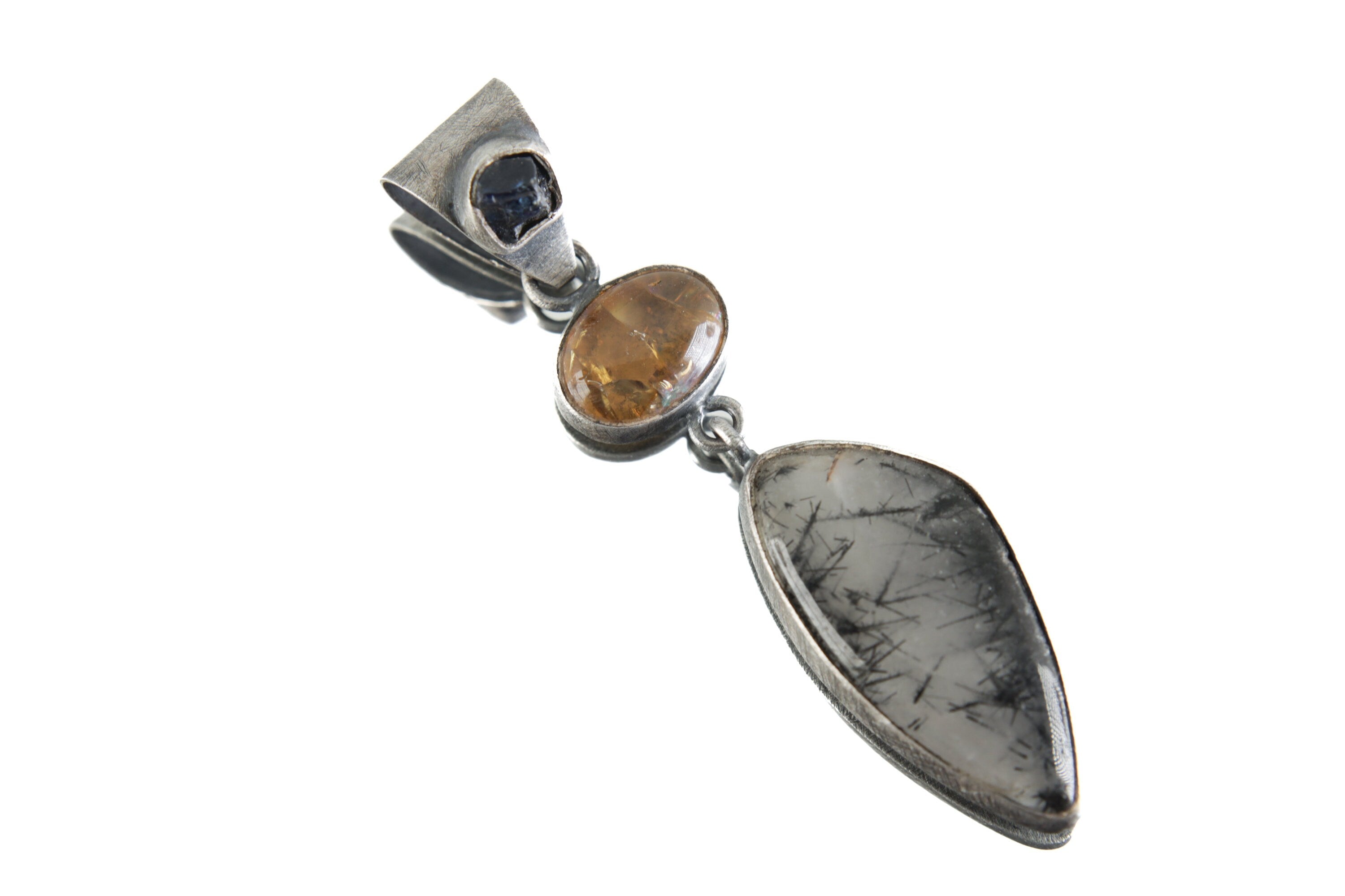 Australis Essence: River Tumbled Sapphire, Ethiopian Opal, Black Rutile Quartz - Sterling Silver Pendant - Oxidized & Brush Texture