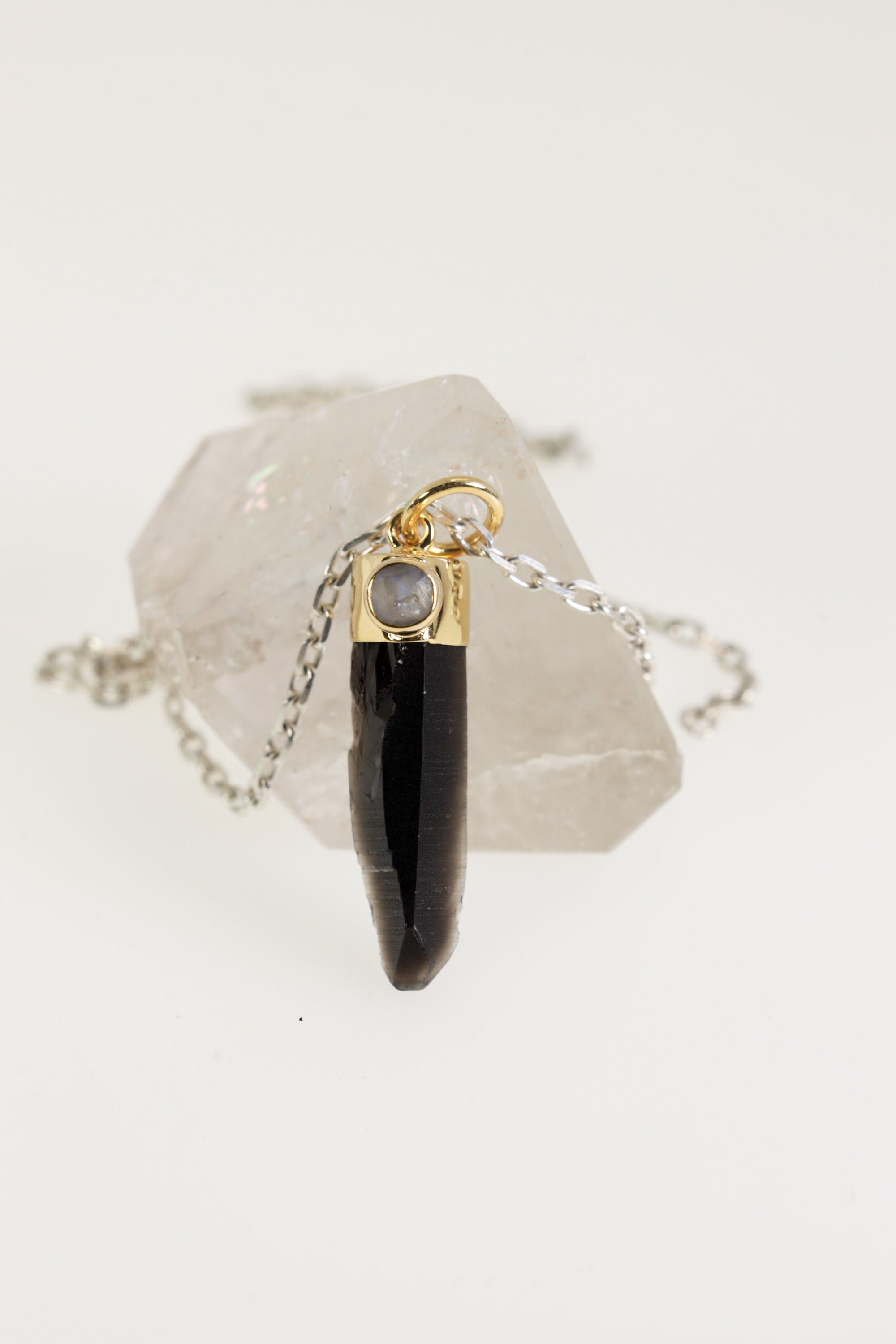 Smoky Phantom Quartz Moonstone Pendant Gold Plated Silver Necklace Root Crown Chakra Scorpio Gift