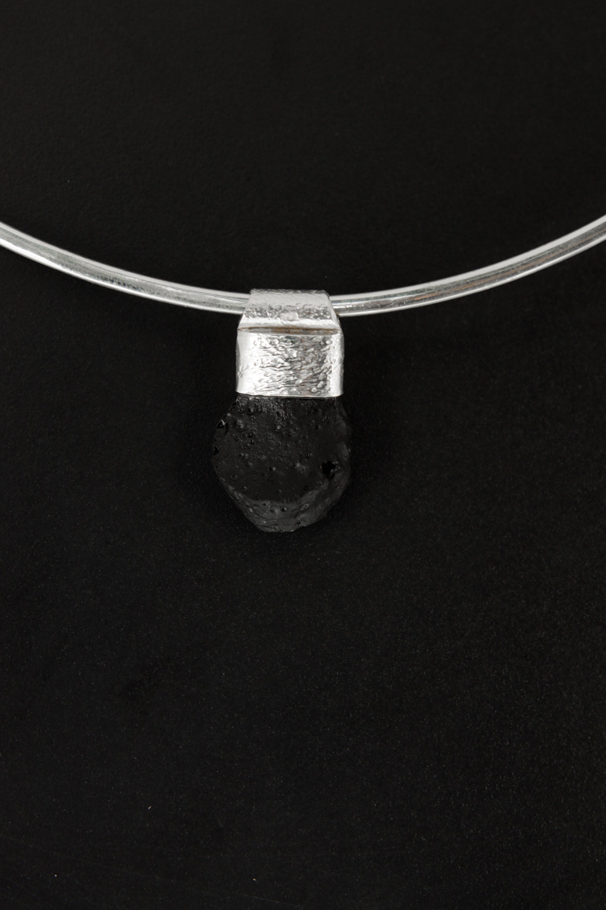 Meteor Crystal Necklace Featuring Rare Australian Olive-Coloured Mount Darwin Tektite, Organic Textured 925 Sterling Silver Stack Pendant