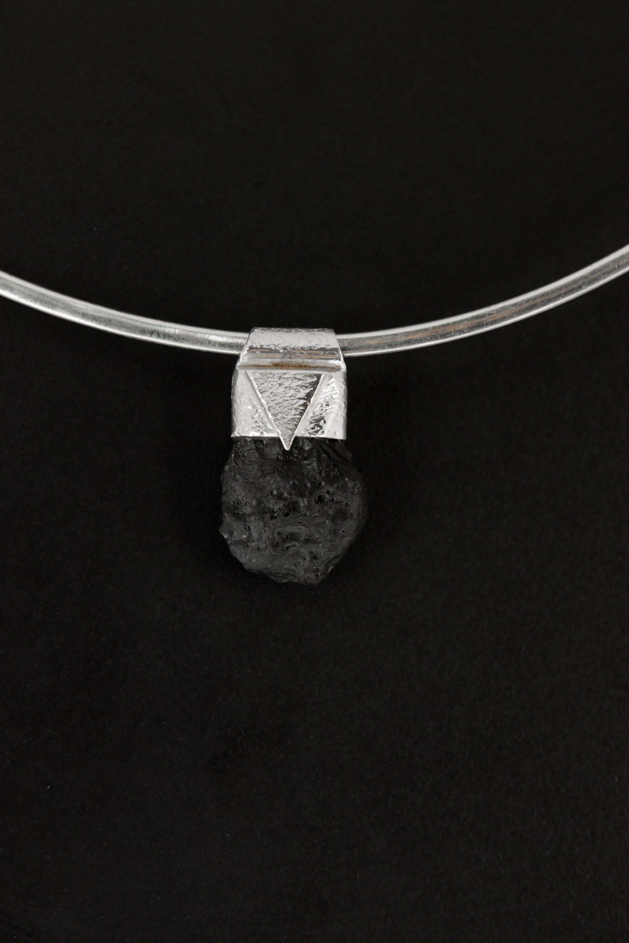 Meteor Crystal Necklace Featuring Rare Australian Olive-Coloured Mount Darwin Tektite, Organic Textured 925 Sterling Silver Stack Pendant