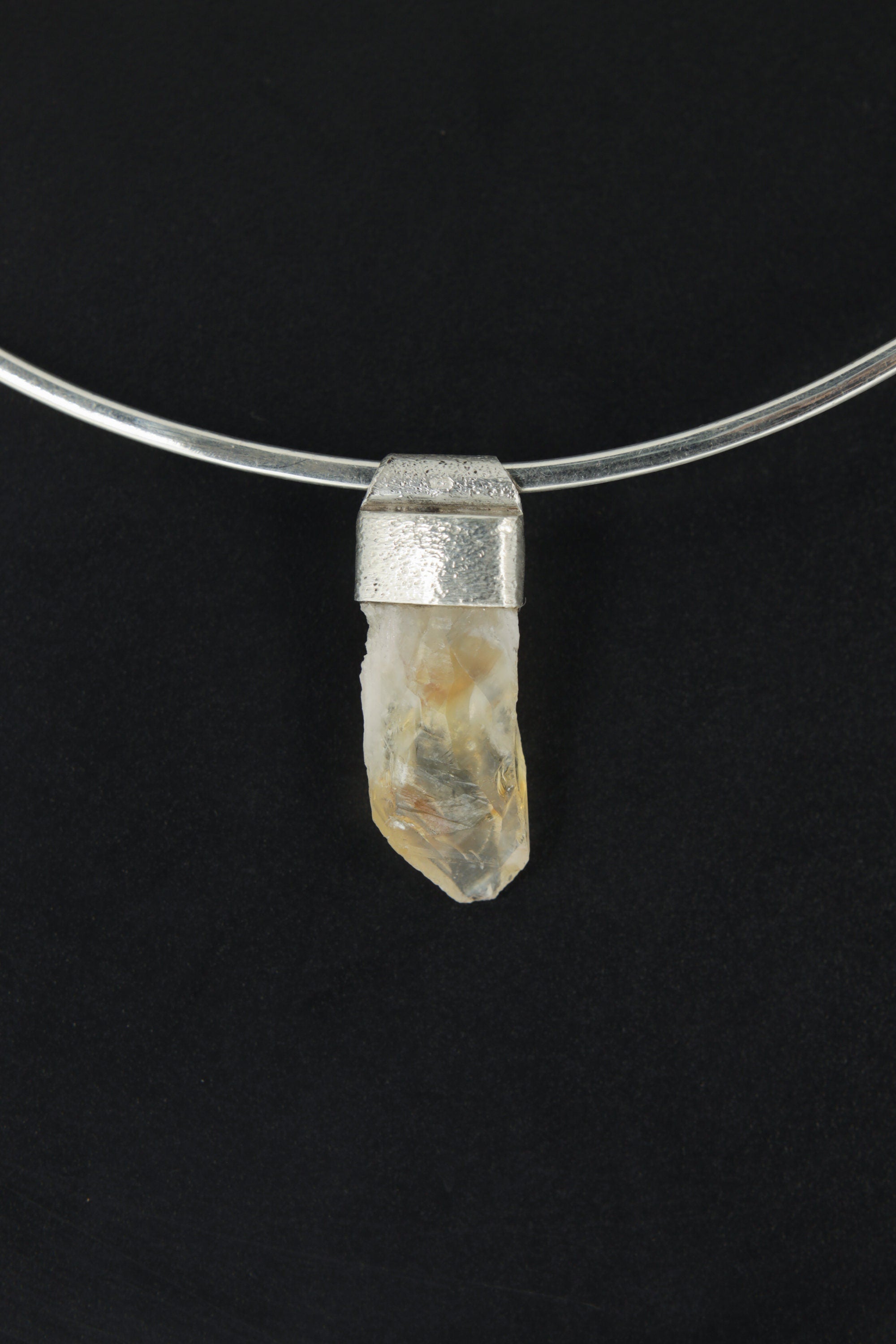 Natural Phantom Citrine Quartz Point Pendant: Textured Sterling Silver