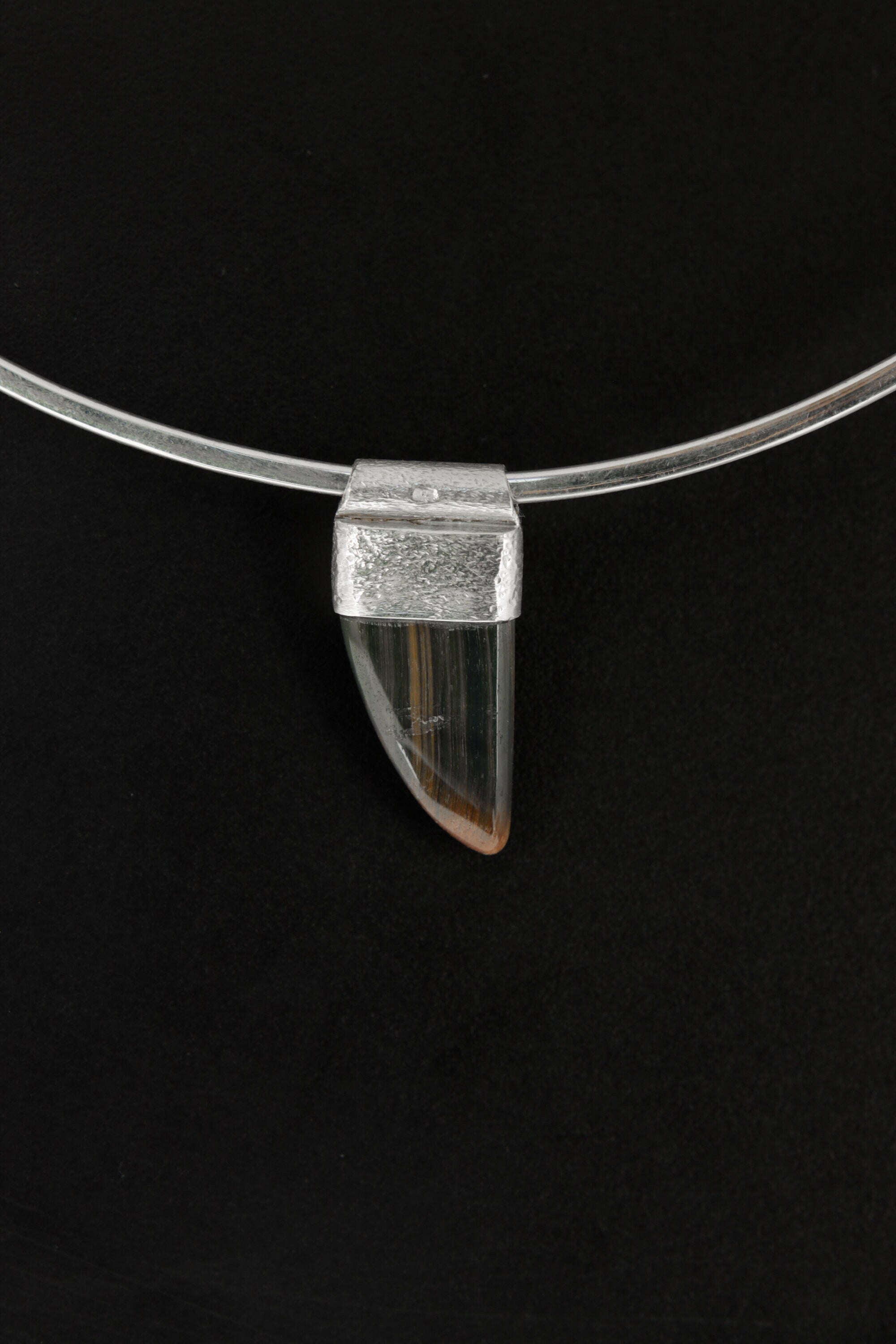 Fang Shaped Tiger Eye Cabochon - Stack Pendant - Organic Textured 925 Sterling Silver - Crystal Necklace