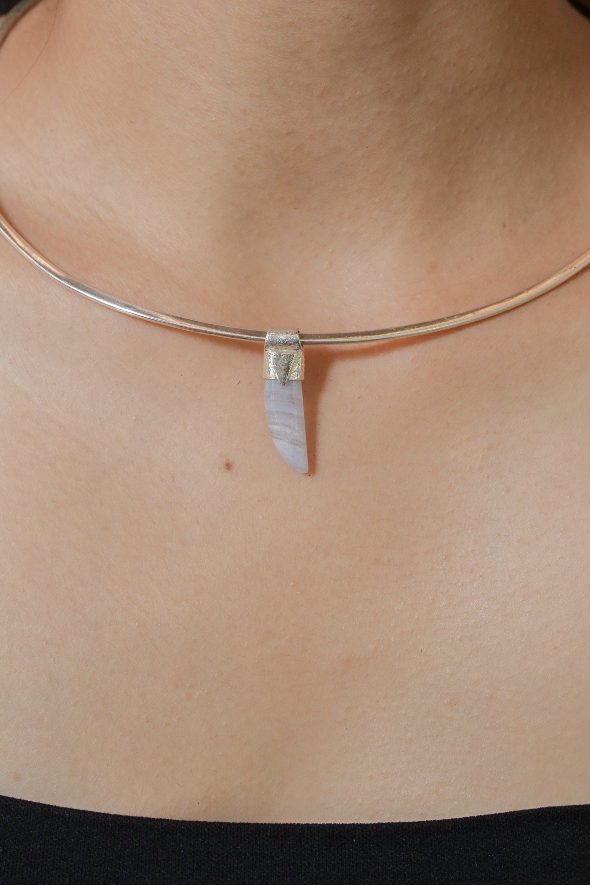Australian Blue Lace Agate Tooth Cabochon Stack Pendant, Organic Textured Sterling Silver, Throat Chakra, Pisces, Calming, Unique Gift