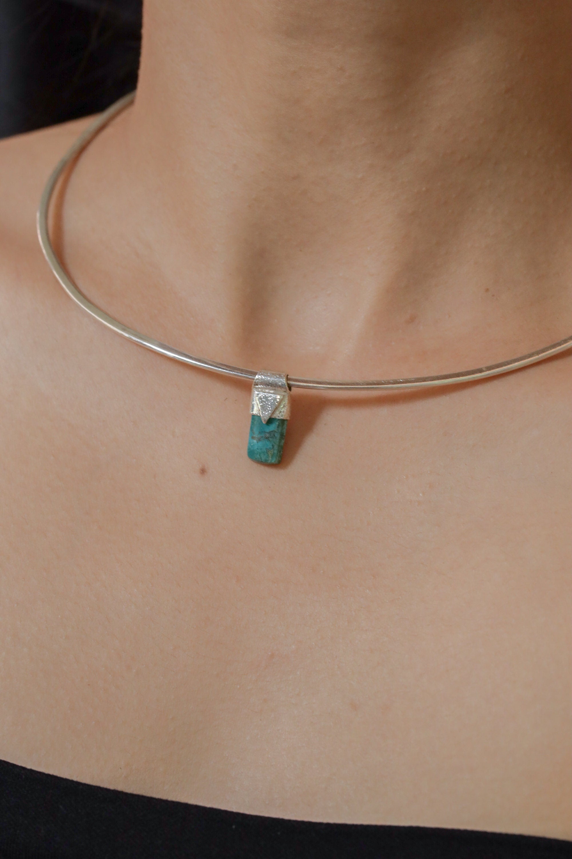 Tiny Australian Chrysocolla Cabochon Stack Pendant, Organic Textured 925 Sterling Silver, Throat Chakra, Virgo Zodiac, Communication