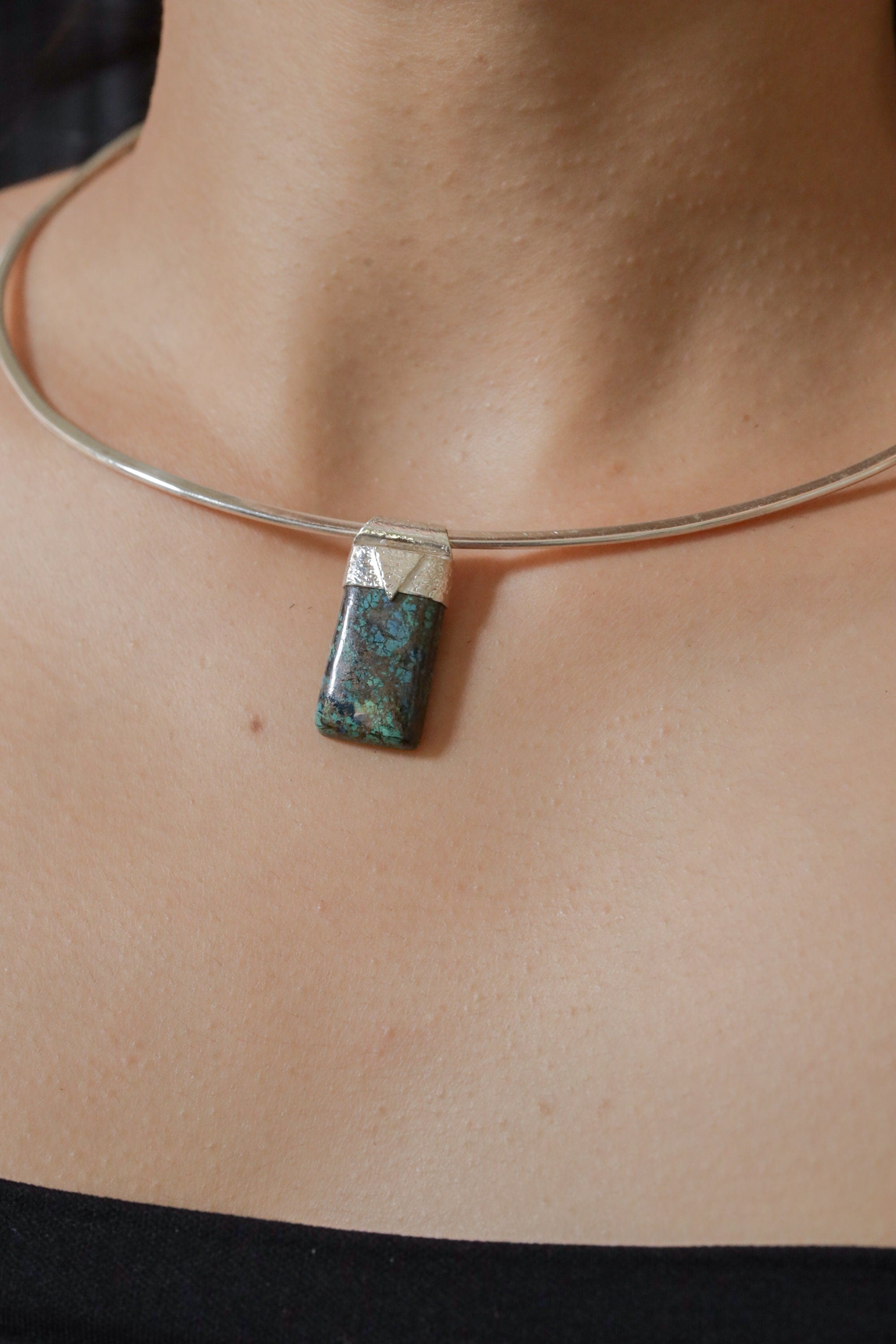 Australian Chrysocolla Cabochon Stack Pendant, Organic Textured 925 Sterling Silver, Throat Chakra, Gemini Zodiac, Communication Strength