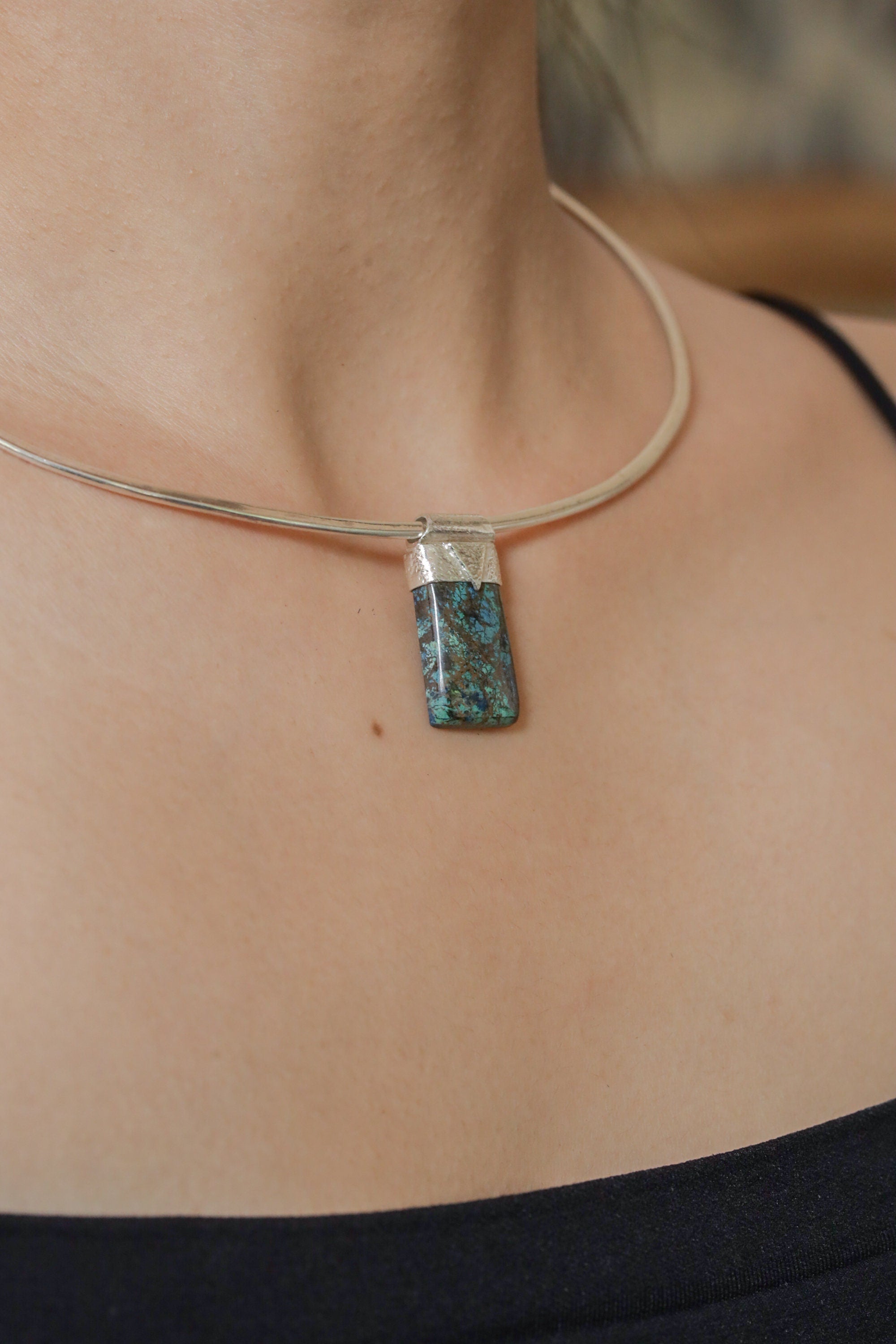 Australian Chrysocolla Cabochon Stack Pendant, Organic Textured 925 Sterling Silver, Throat Chakra, Gemini Zodiac, Communication Strength