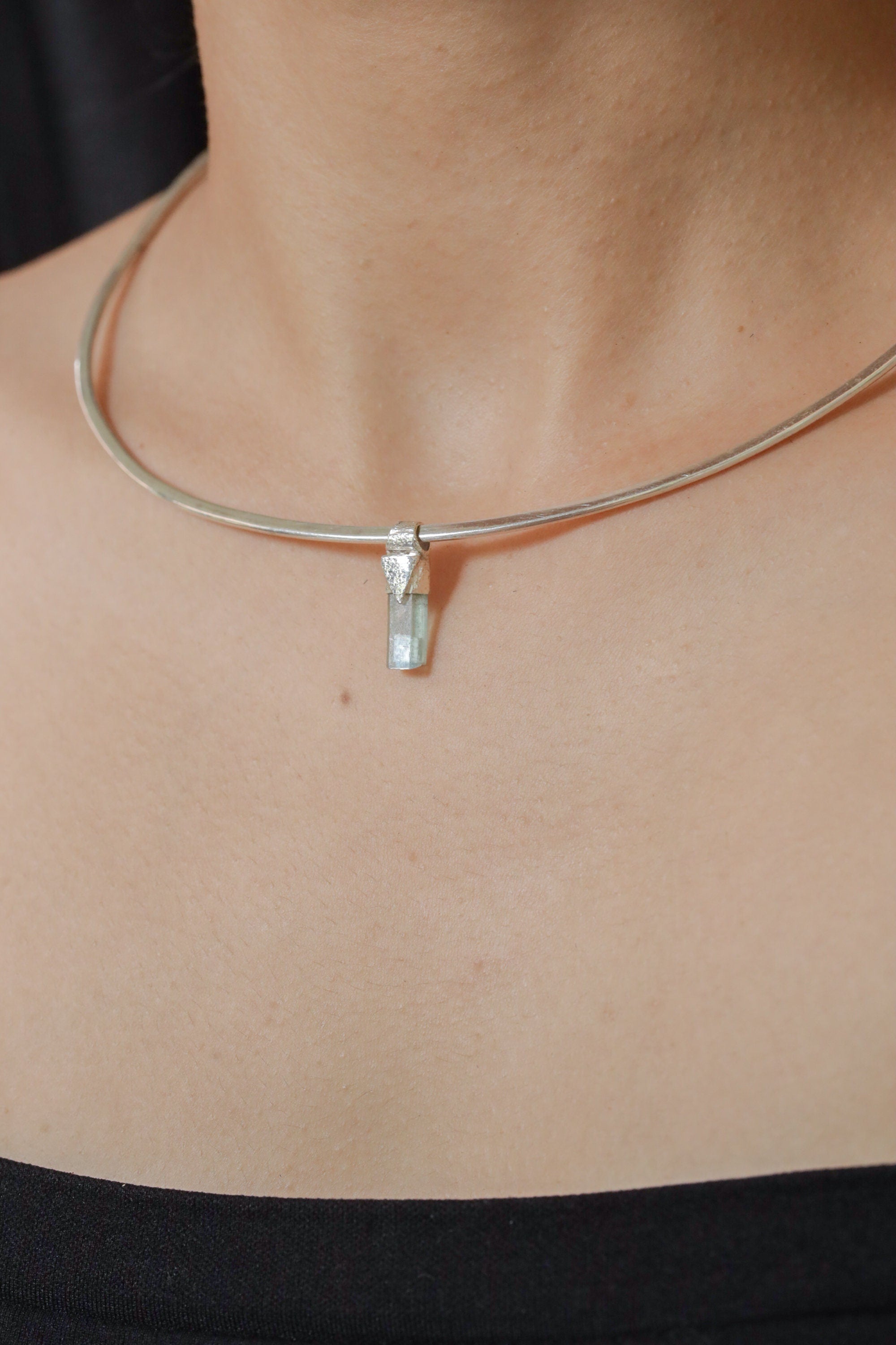 Tiny Natural Capped Gem Aquamarine - Stack Pendant - Organic Textured 925 Sterling Silver - Crystal Necklace