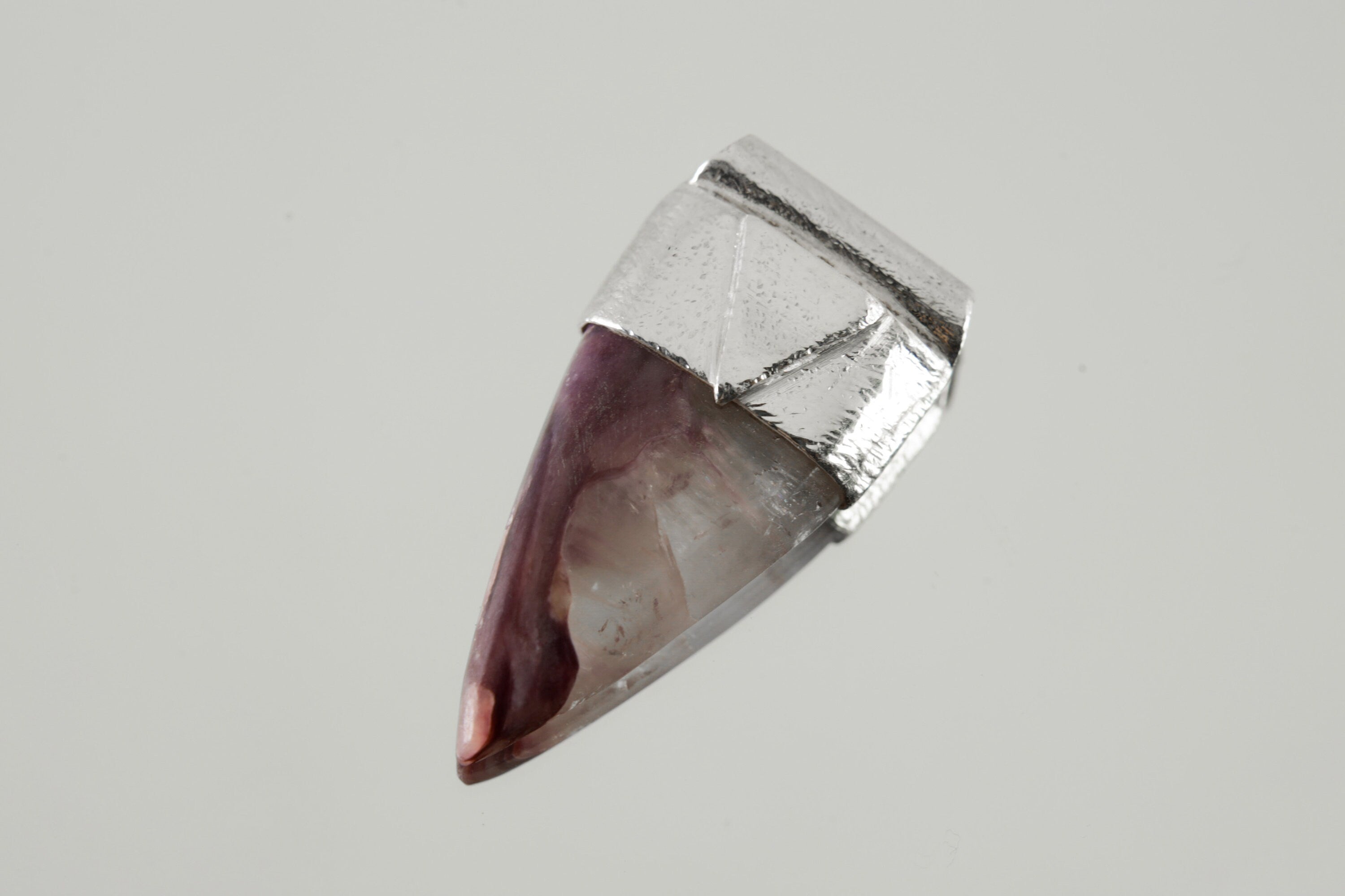 Fang Shaped Silicate Charoite Cabochon Stack Pendant, Organic Textured Sterling Silver, Third Eye Chakra, Scorpio, Spiritual, Unique Gift