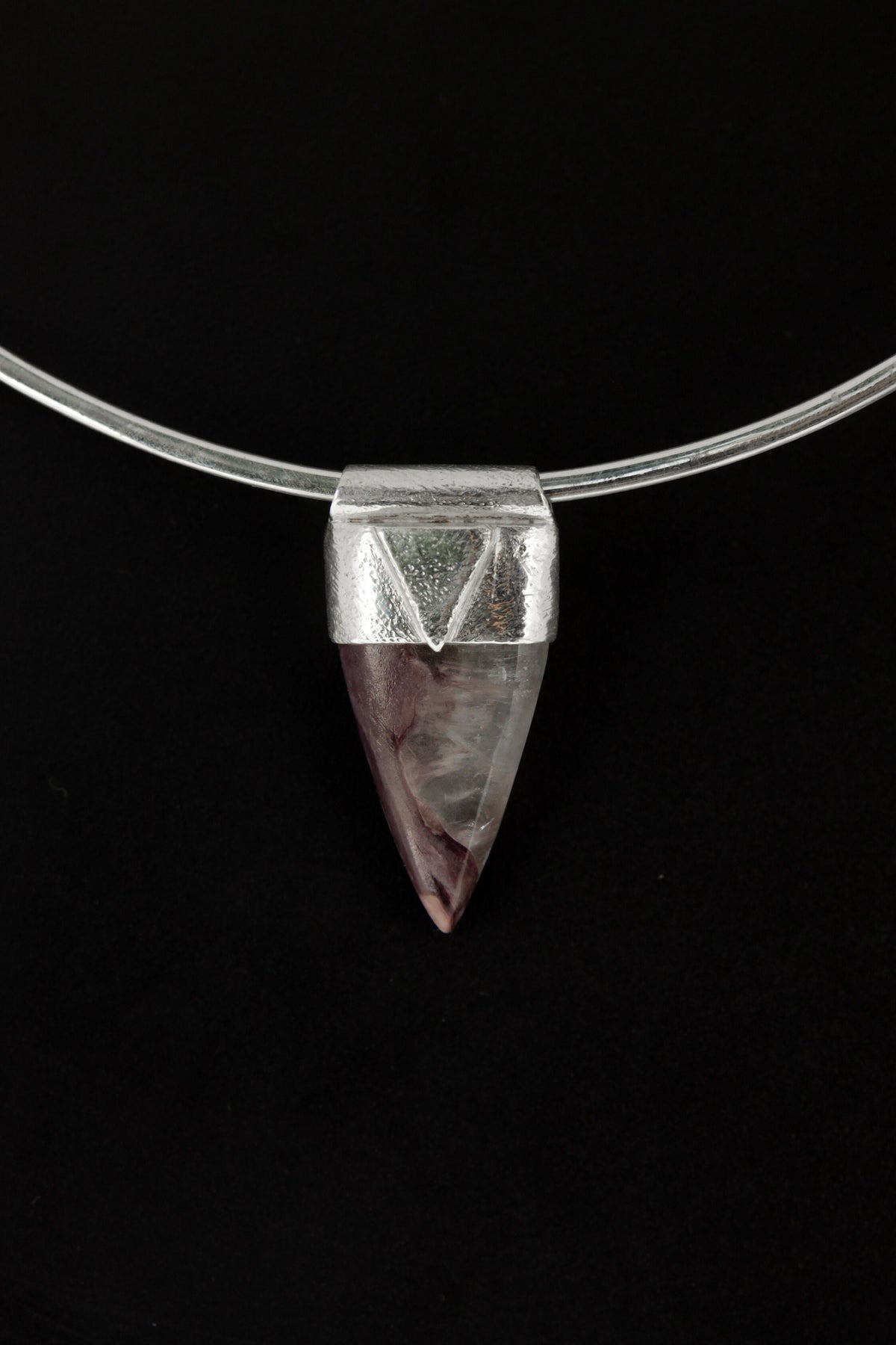 Fang Shaped Silicate Charoite Cabochon Stack Pendant, Organic Textured Sterling Silver, Third Eye Chakra, Scorpio, Spiritual, Unique Gift
