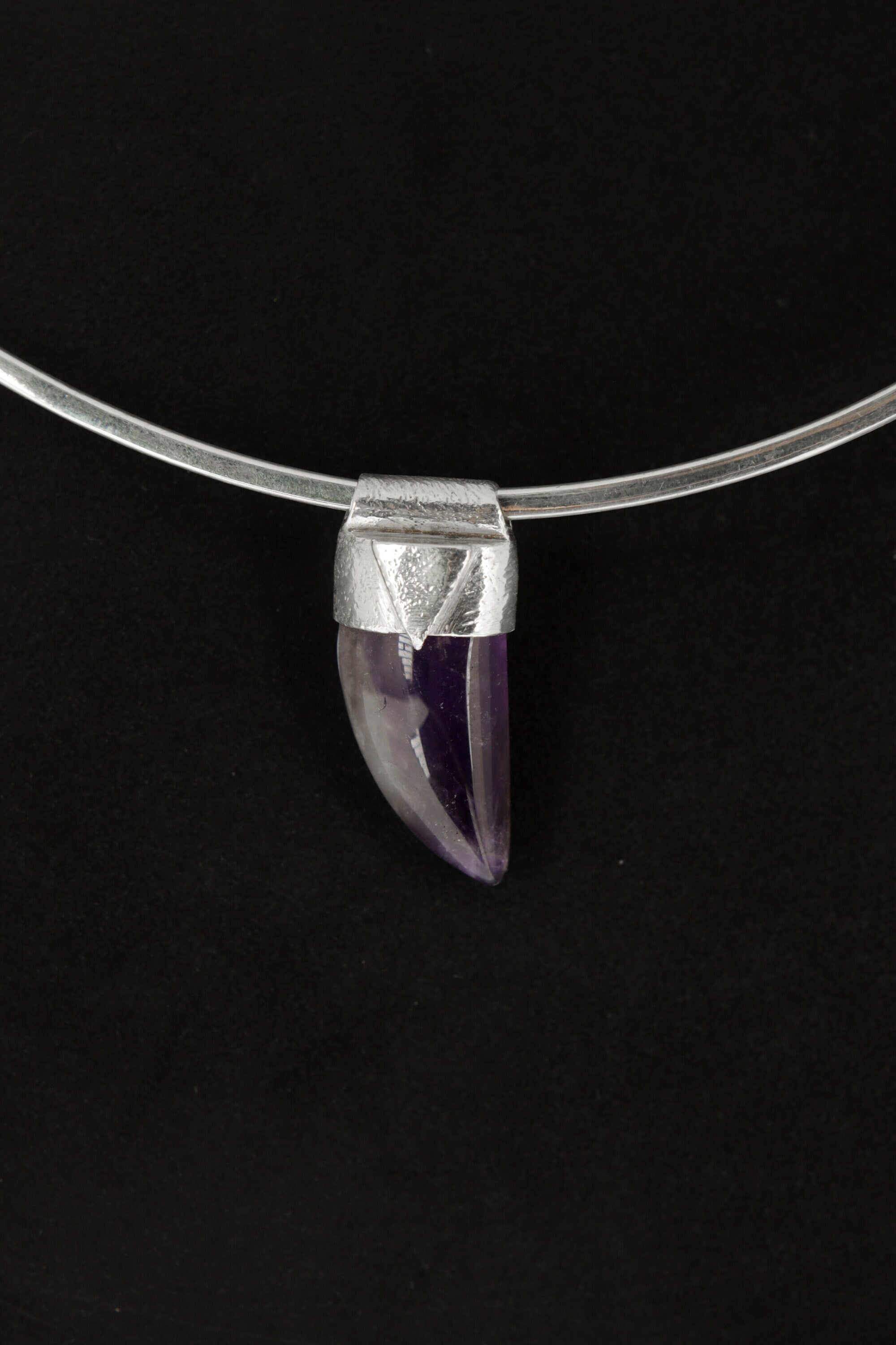 Tooth Shaped Amethyst Cabochon - Stack Pendant - Organic Textured 925 Sterling Silver - Crystal Necklace