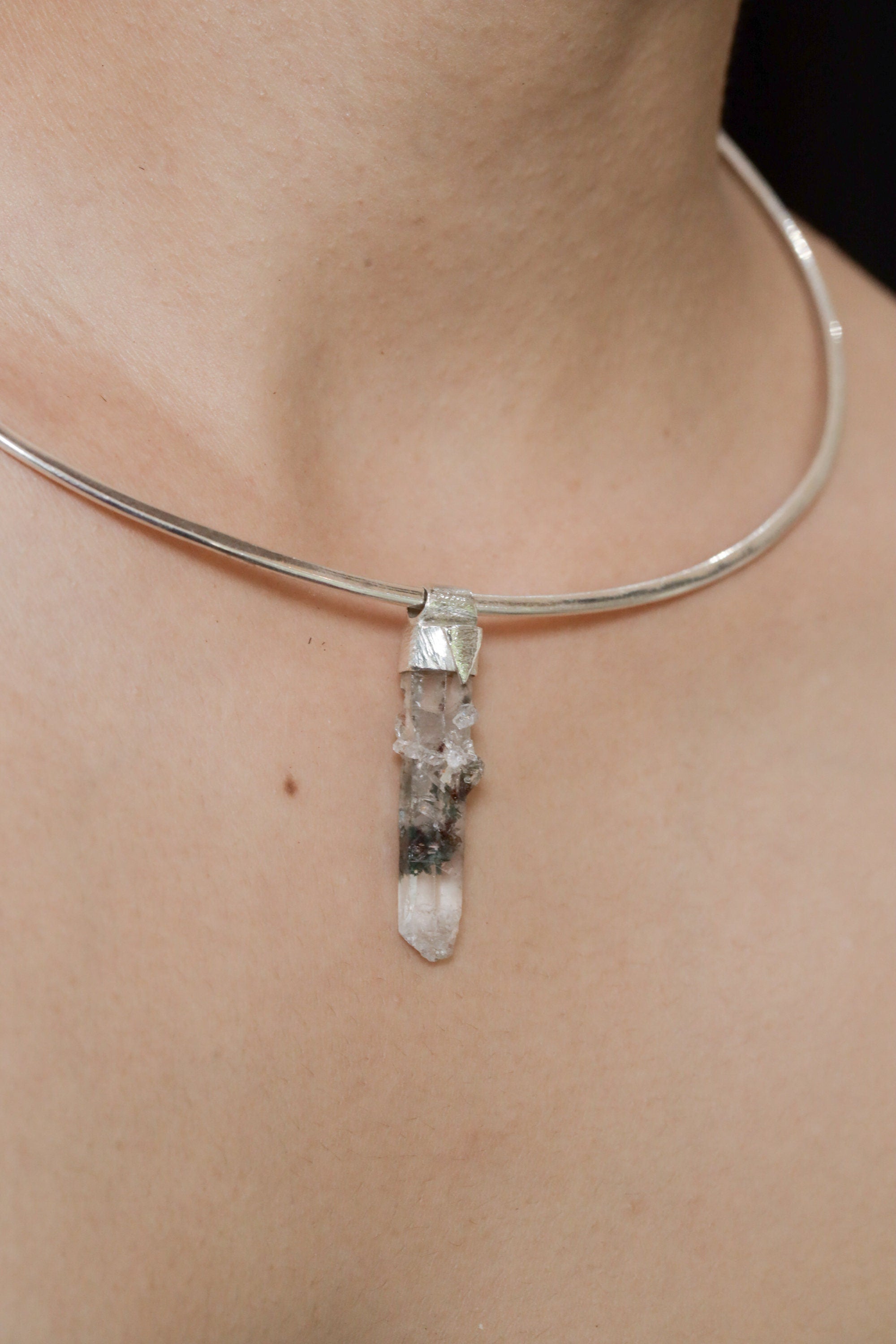 Himalayan Chlorite Drusy Quartz Point - Stack Pendant - Organic Textured 925 Sterling Silver - Crystal Necklace