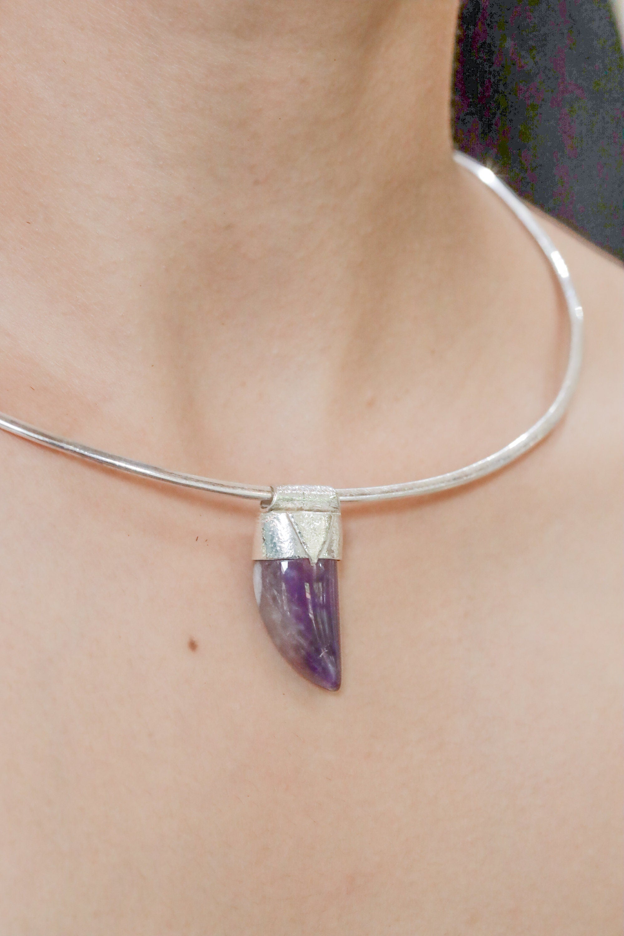 Tooth Amethyst Cabochon Pendant: Textured Sterling Silver, Spiritual Jewelry