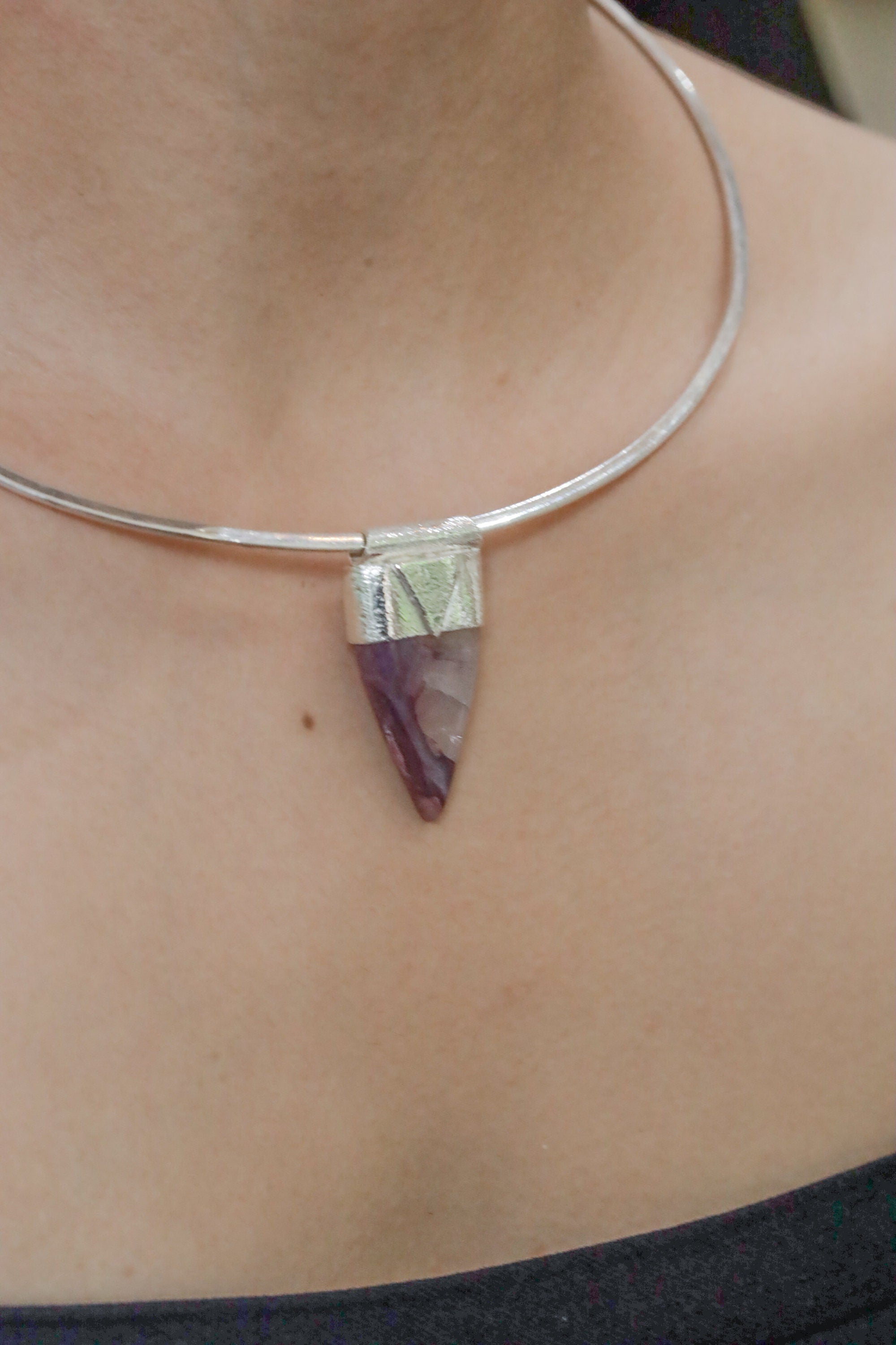 Fang Shaped Silicate Charoite Cabochon Stack Pendant, Organic Textured Sterling Silver, Third Eye Chakra, Scorpio, Spiritual, Unique Gift