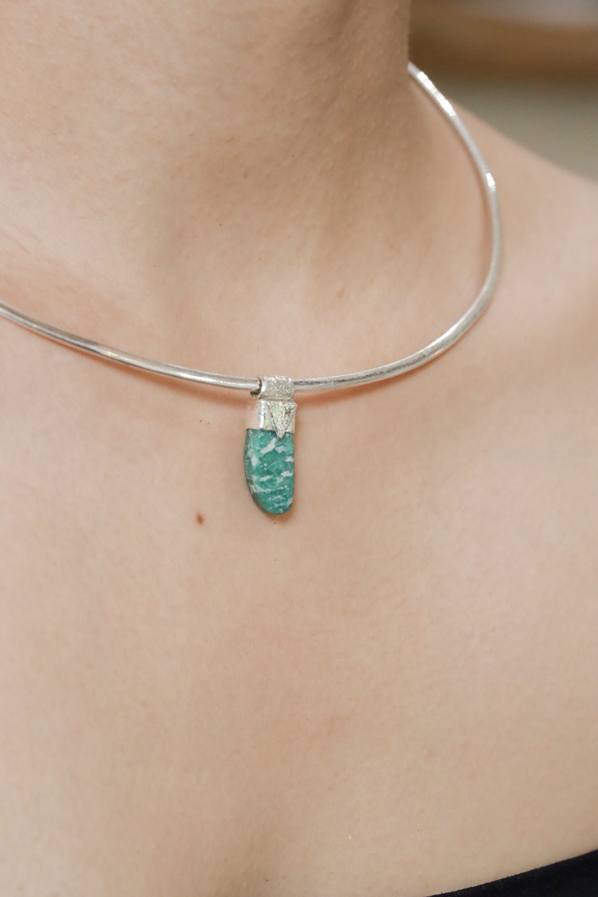 Amazonite Stack Pendant 925 Sterling Silver Rough Cut Crystal Necklace Heart Throat Chakra Layering Gift