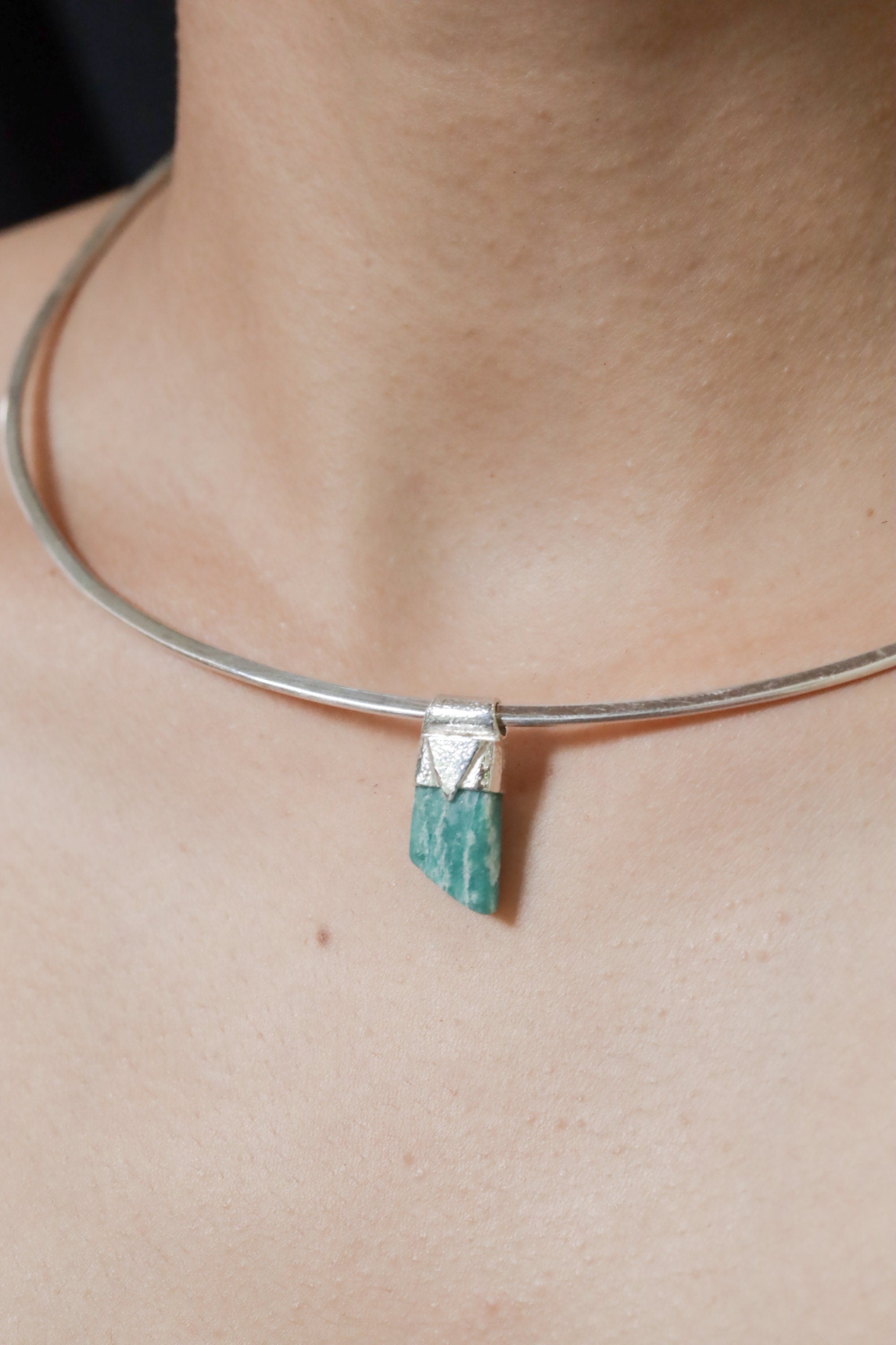 Rough Amazonite Pendant 925 Silver Stack Necklace Textured Bezel Truth Courage Talisman Jewelry