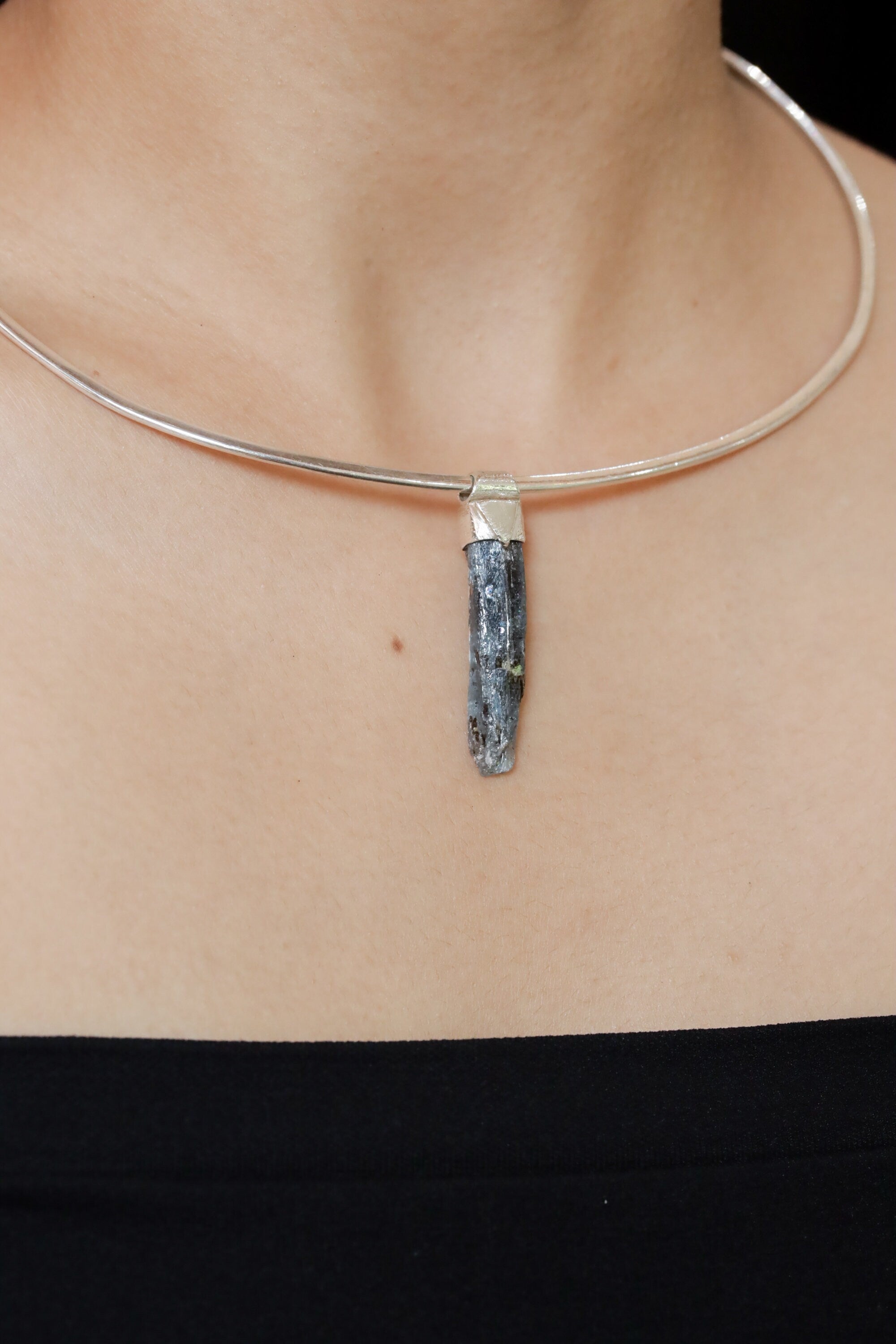 Kyanite Stack Pendant Necklace with Organic Textured 925 Sterling Silver, Crystal Accents, Libra Horoscope, Throat Chakra Jewelry