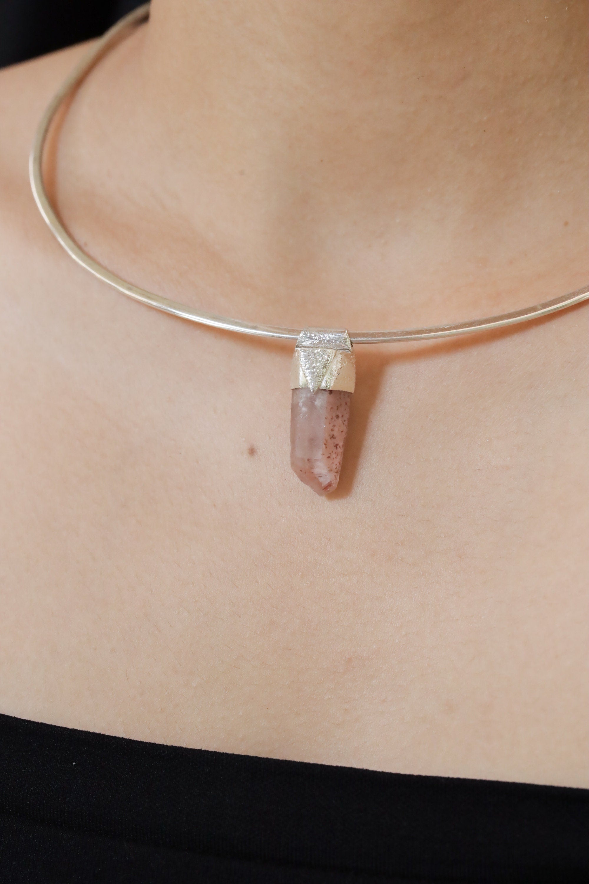 Australian Phantom Lithium Quartz Point Stack Pendant, Organic Textured 925 Sterling Silver, Heart Chakra, Libra Zodiac,Unique Gift - No/03