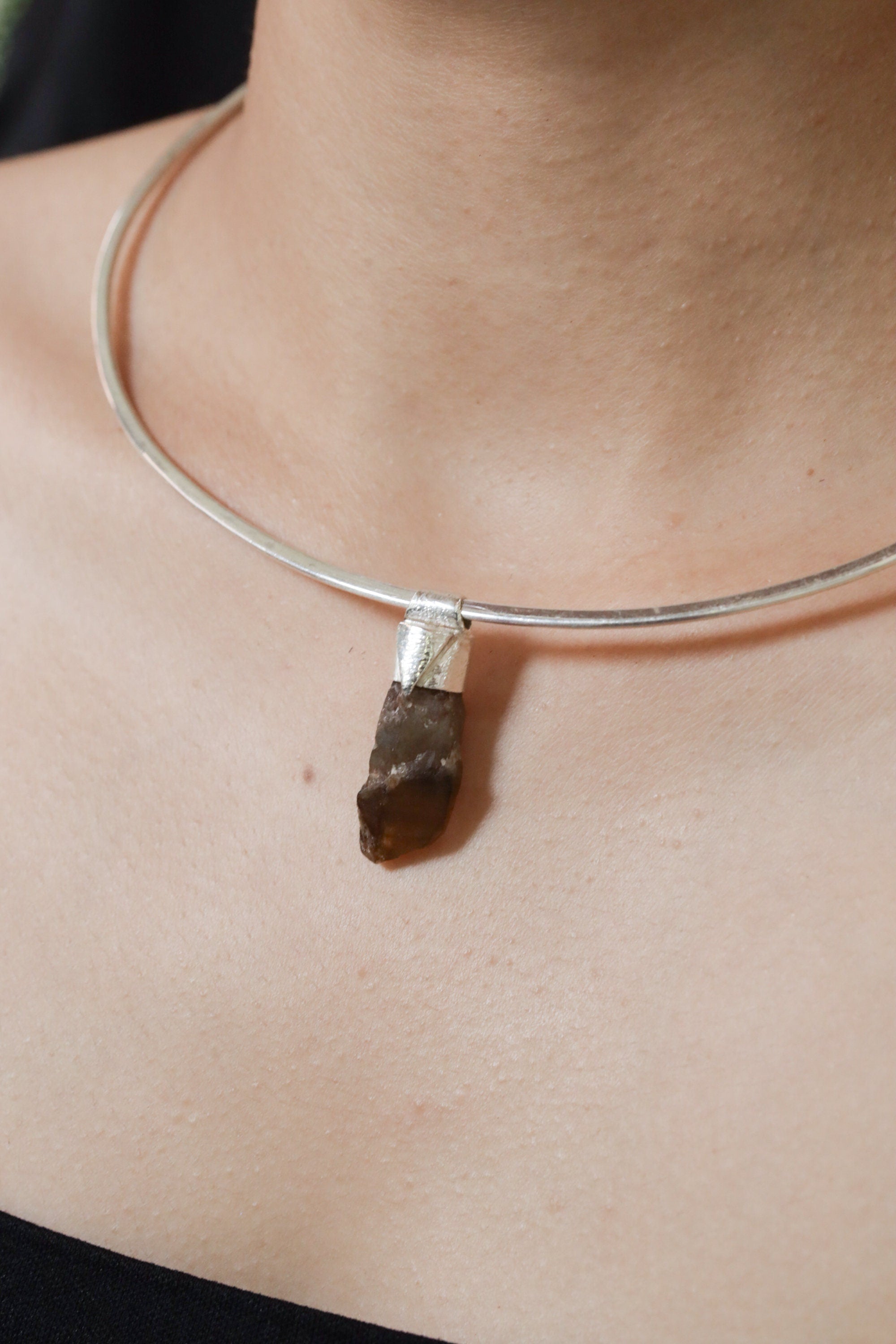 Australian Smoky Citrine Phantom Sceptre Quartz Stack Pendant, Organic Textured 925 Sterling Silver,Solar Plexus Chakra,Scorpio, Unique Gift
