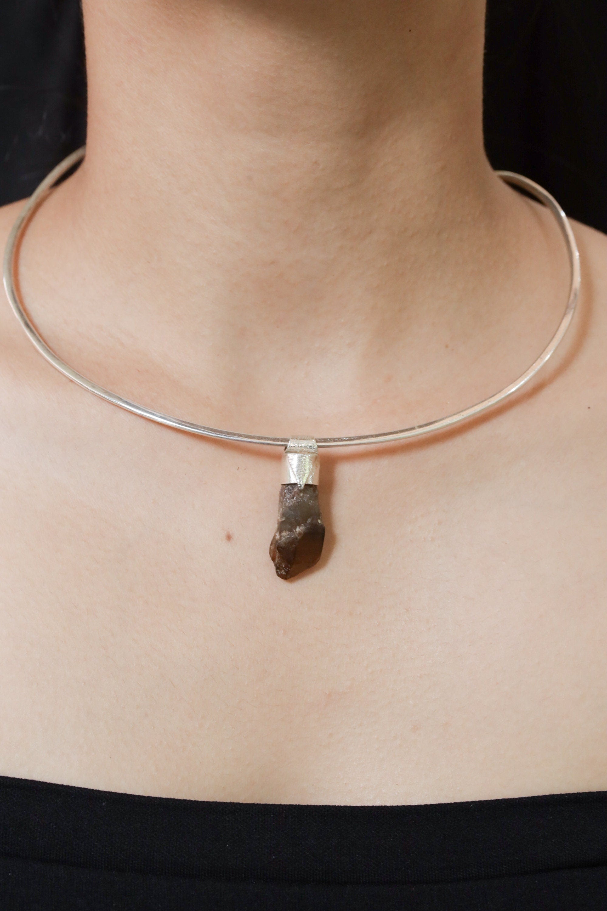 Australian Smoky Citrine Sceptre Quartz Stack Pendant shown worn on the chest as a sterling silver layering necklace.