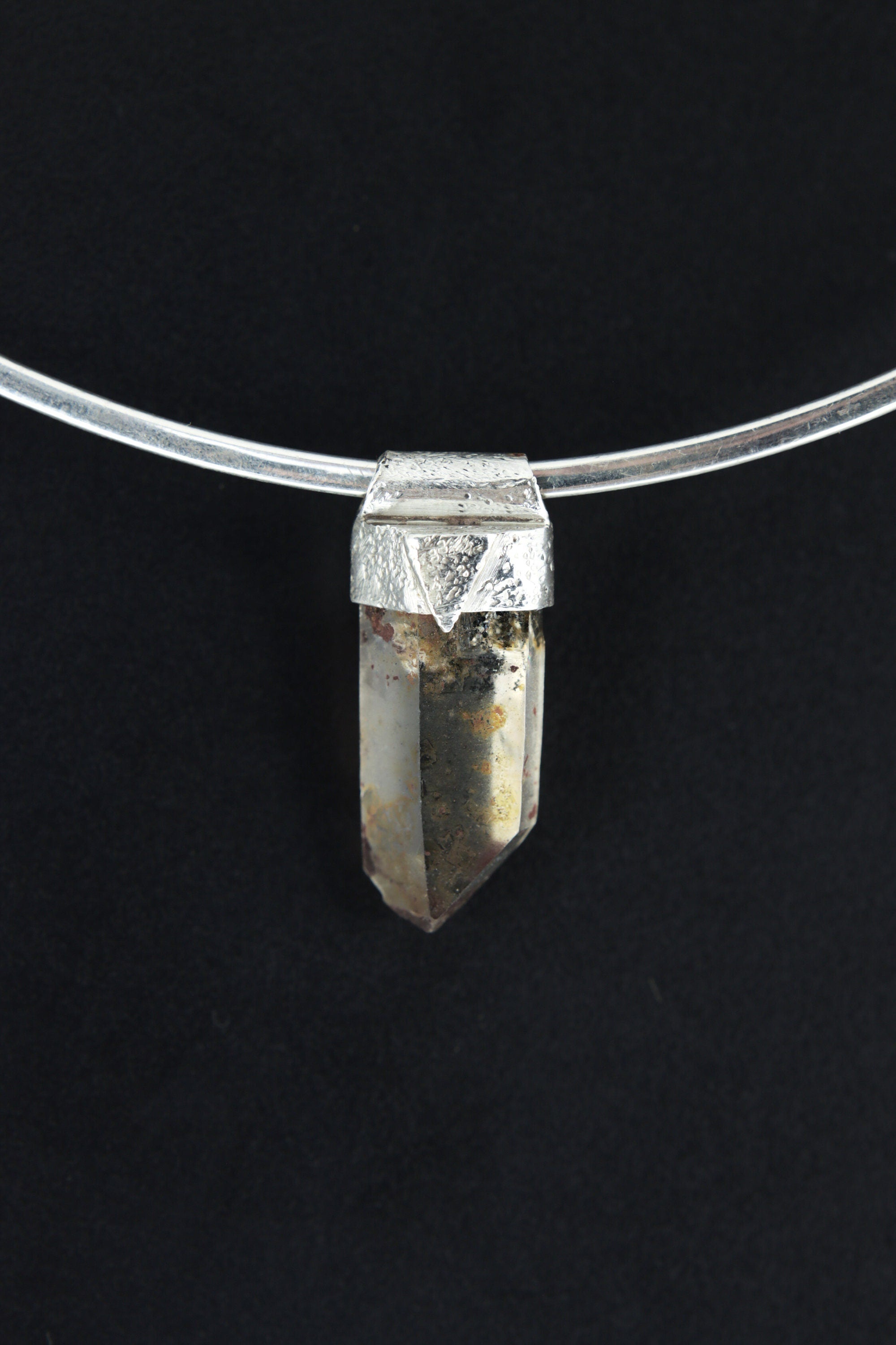 Natural Pyrite Inclusion Quartz Point - Stack Pendant - Organic Textured 925 Sterling Silver - Crystal Necklace