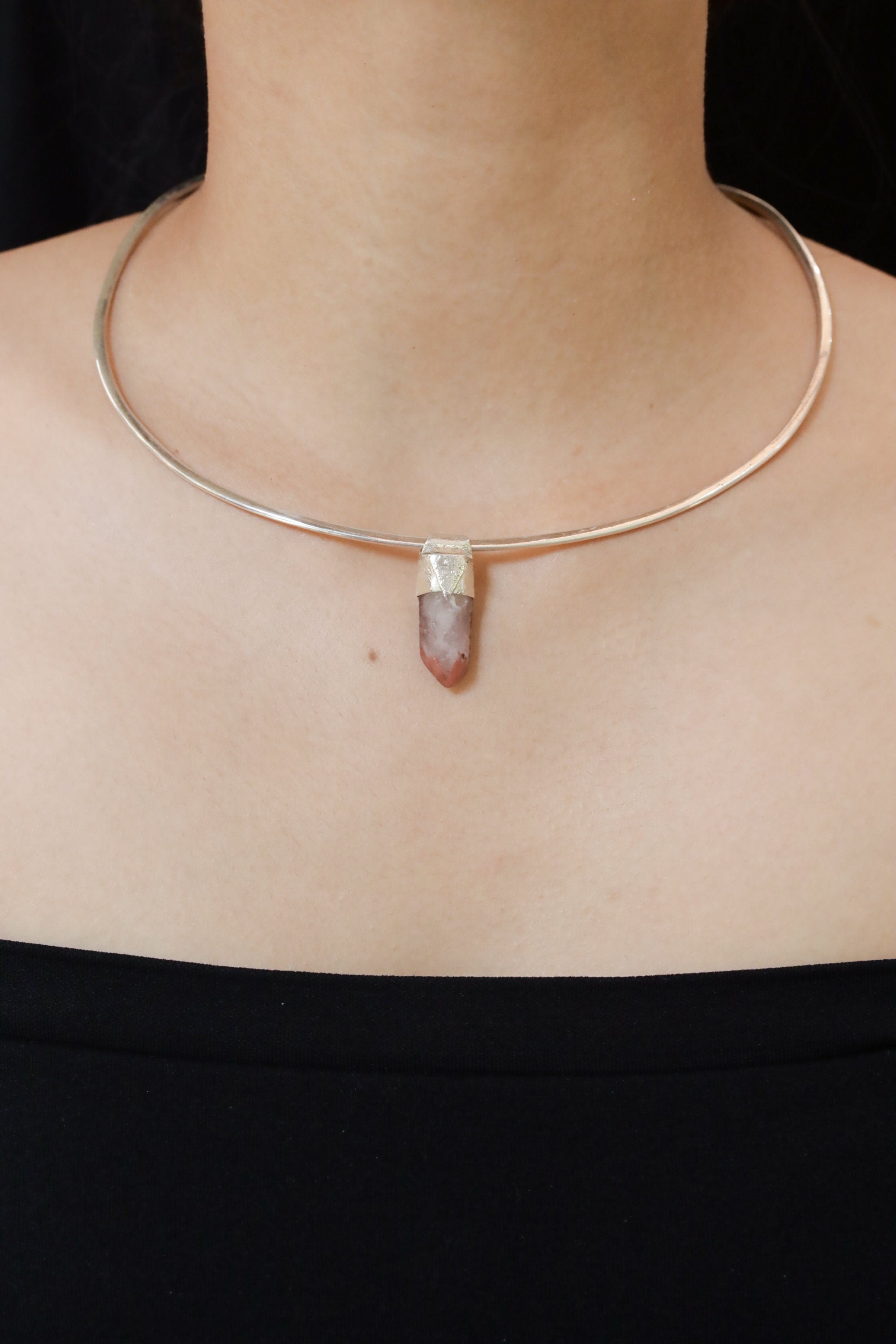 Australian Phantom Lithium Quartz Point Stack Pendant, Organic Textured 925 Sterling Silver,Heart Chakra,Libra, Balance, Unique Gift - No/01