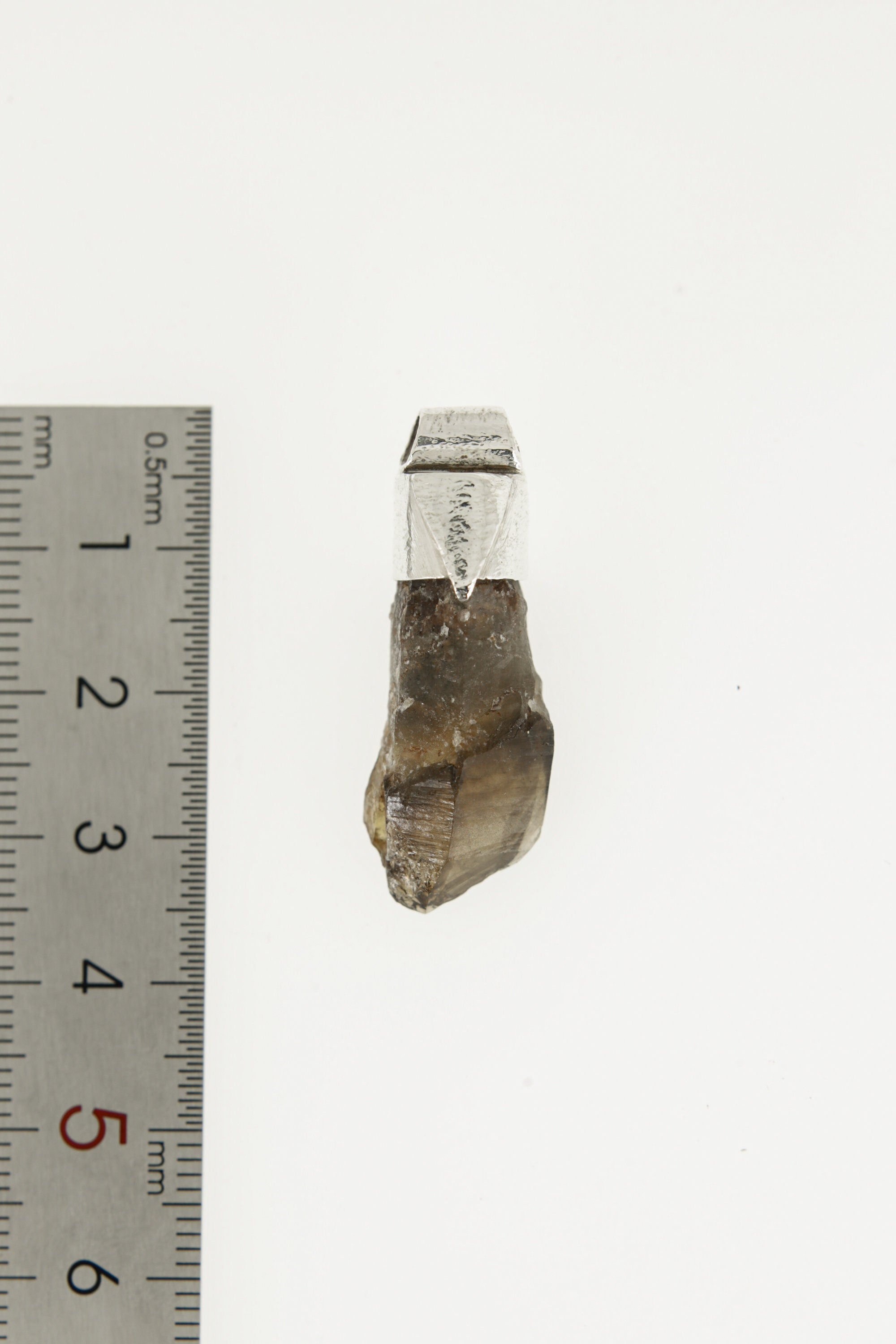 Australian Smoky Citrine Phantom Sceptre Quartz Stack Pendant shown beside a ruler for scale with 925 silver cap.