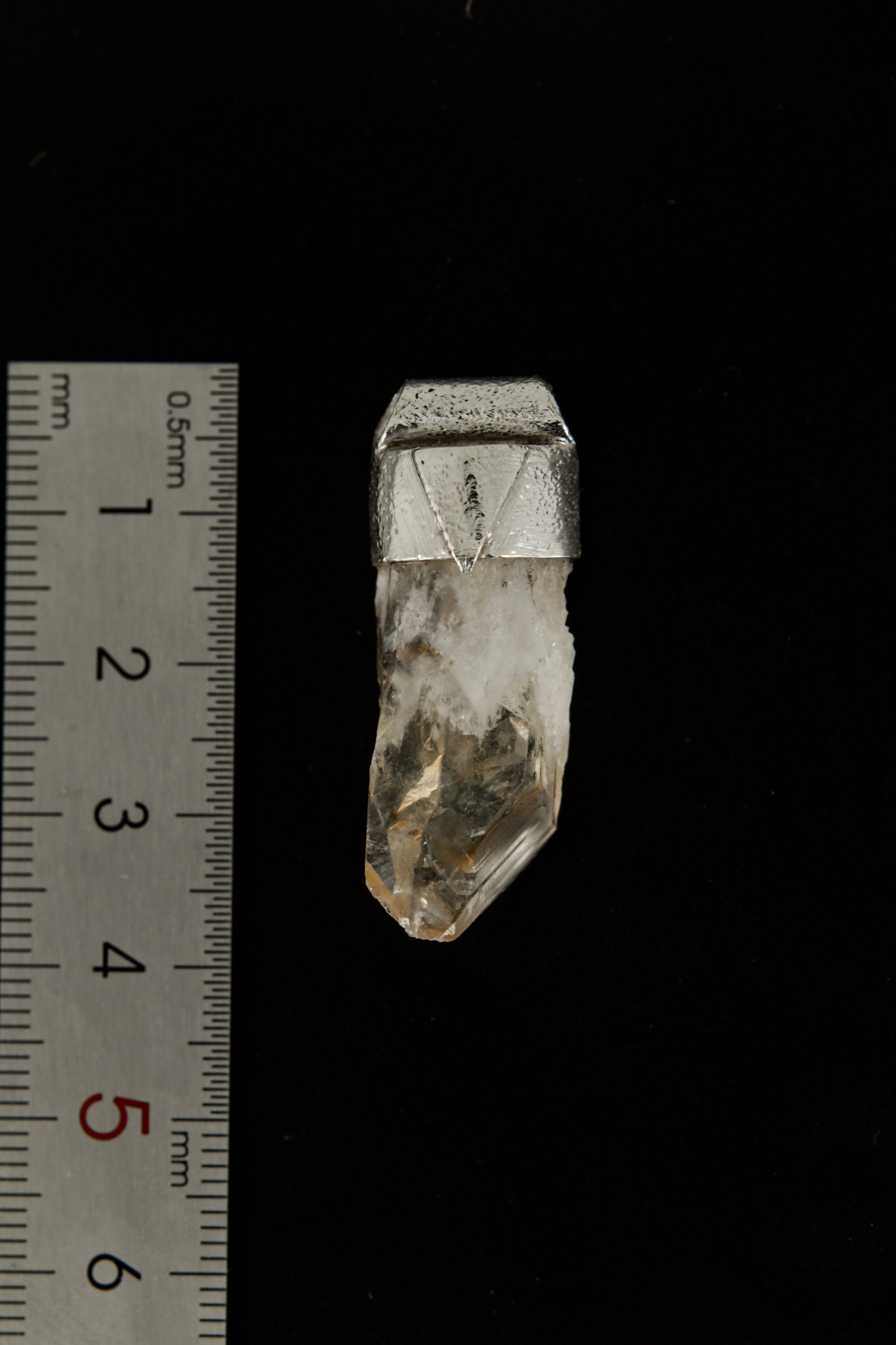 Natural Phantom Citrine Quartz Stack Pendant shown beside a ruler for scale with 925 silver cap and golden crystal body.
